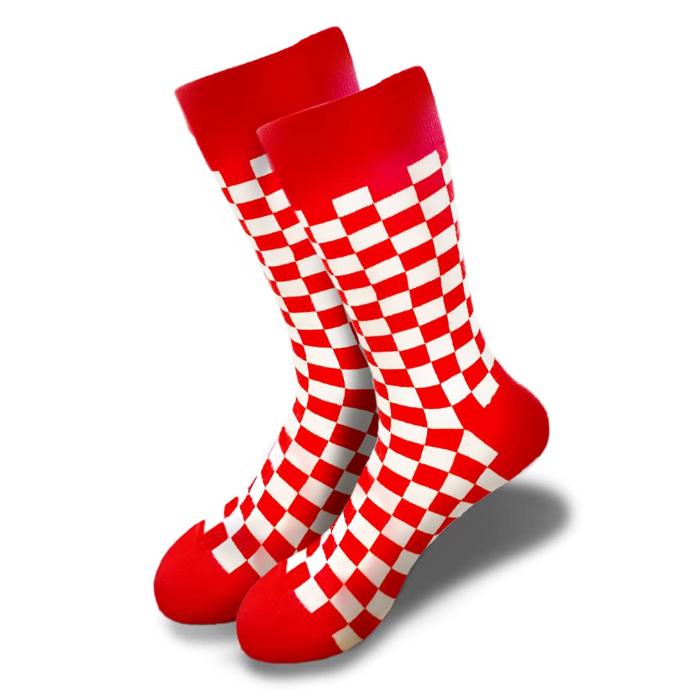 Stylish Men's Checkerboard Skateboard Socks - Novelty Crew Socks for Shoe Size 6-12 (White & Red) | Perfect for Skateboarding, Casual Wear & Unique Gifts
