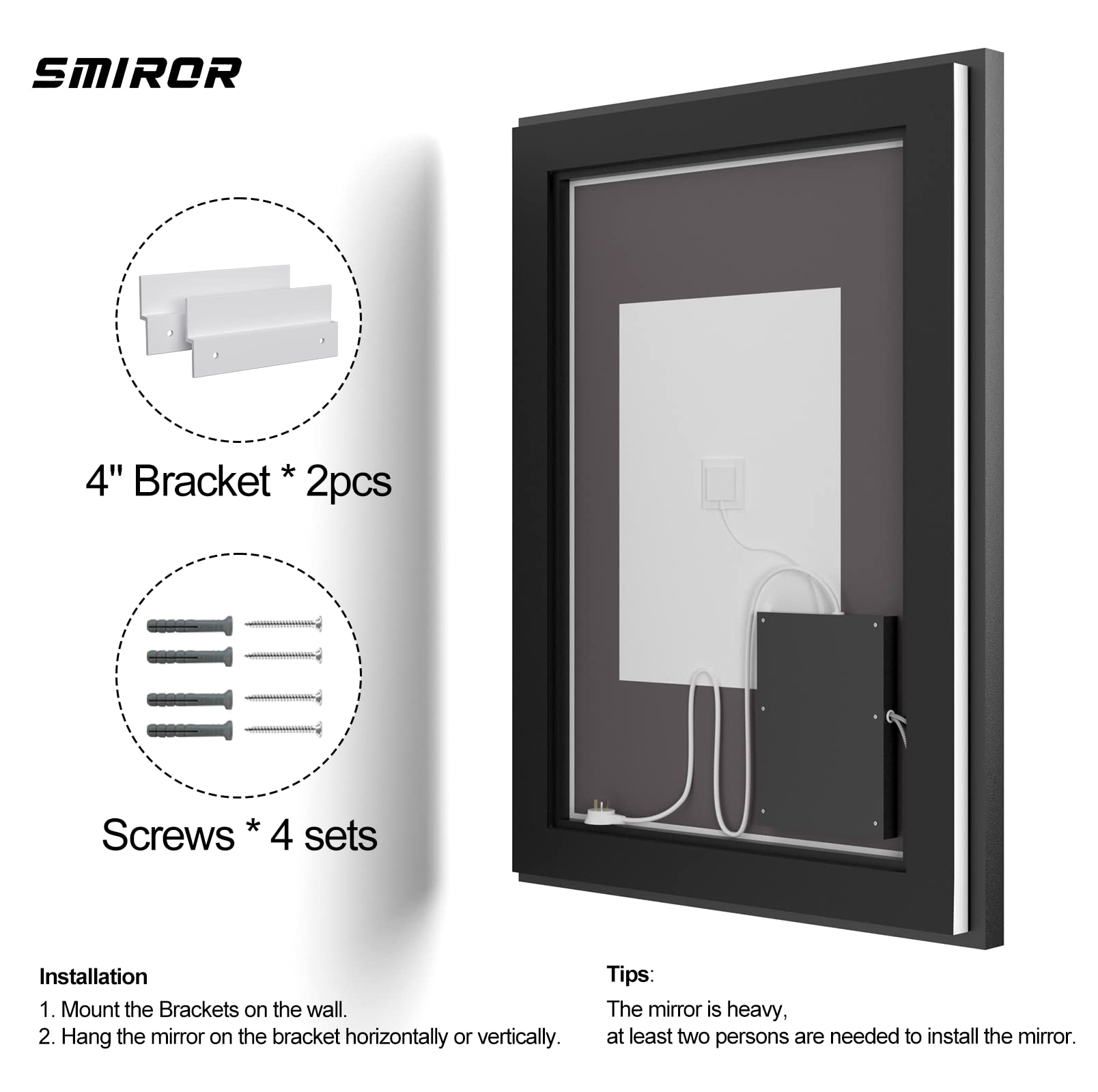 SMIROR 40x38 Inch LED Bathroom Mirror with Dimmable Lights - Matte Black Framed Anti-Fog Vanity Mirror with Memory Function, Shatterproof & ETL Certified (Front/Backlit) - Perfect for Makeup, Shaving & Home Decor