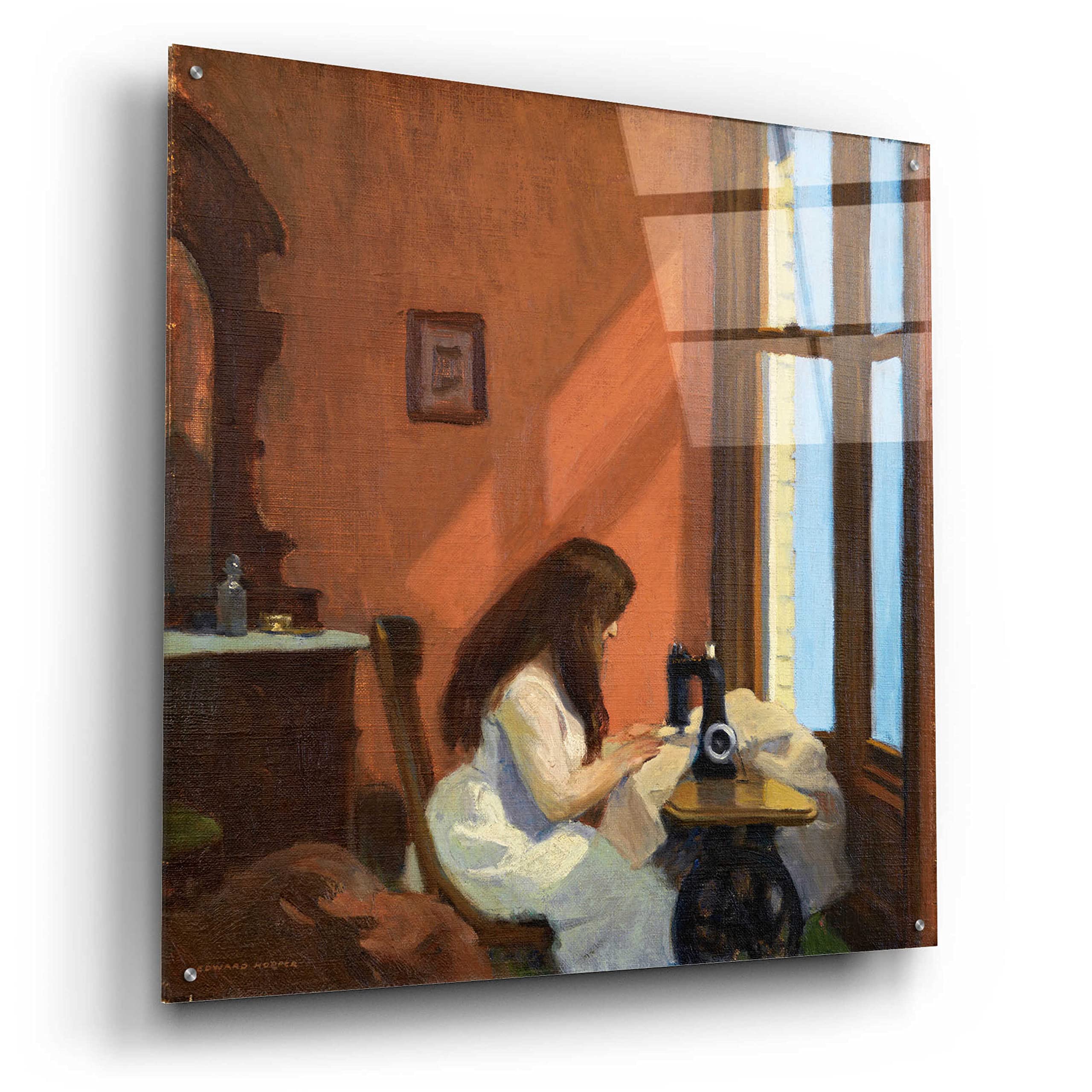 Edward Hopper 'Girl at Sewing Machine 1921' Acrylic Glass Wall Art Print - 36x36 Inches Modern Home Decor for Living Room, Bedroom & Office
