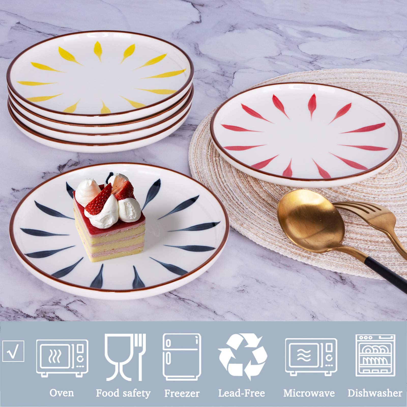 Aquiver 6-Inch Ceramic Dessert Plates Set of 6 - Hand-Painted Porcelain Appetizer Plates for Cake, Pie, Ice Cream, Snacks - Elegant Tea Party & Dessert Serving Dishes (3 Color Options) - Perfect for Afternoon Tea, Birthday Parties & Holiday Entertaining