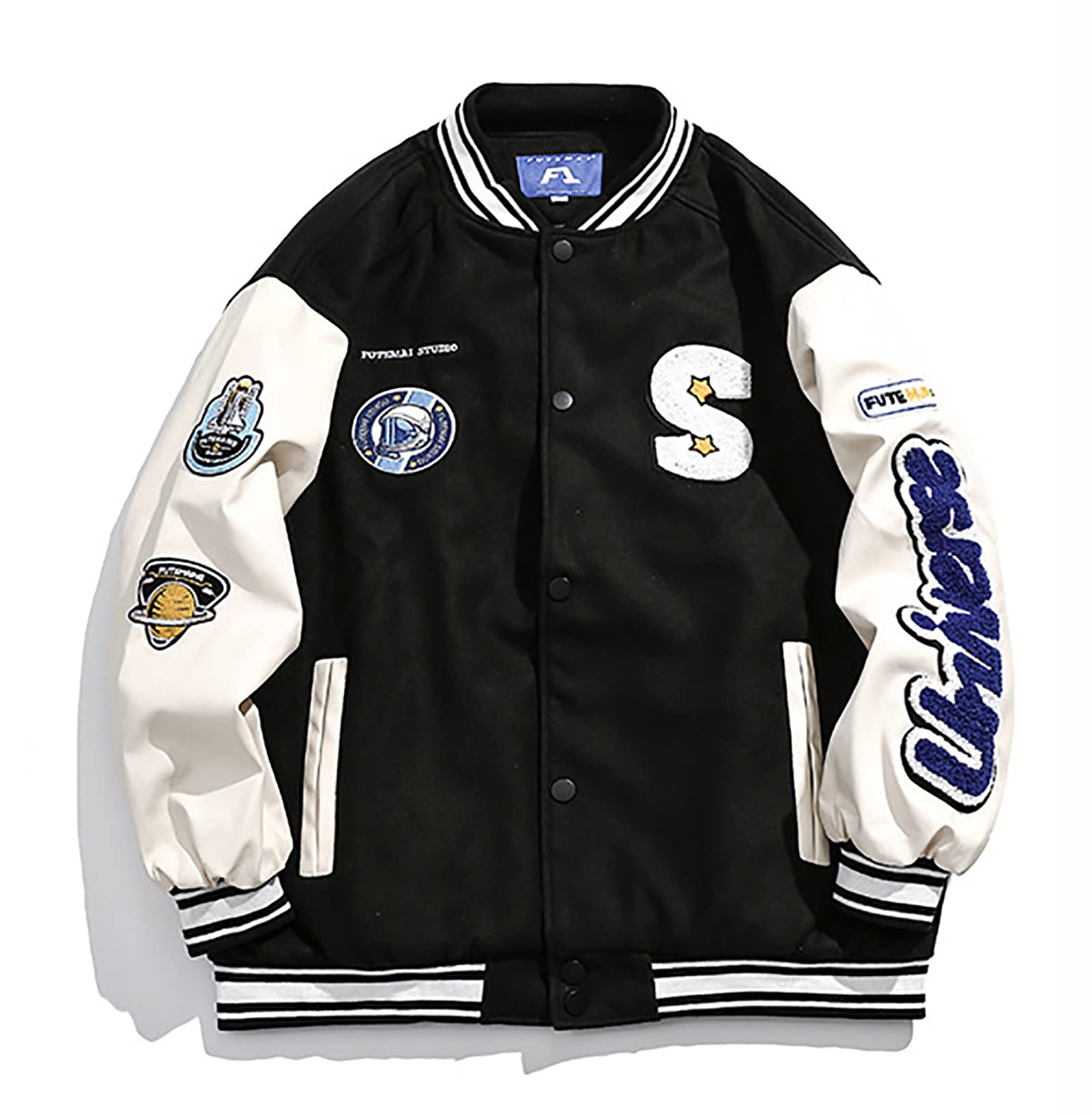 SKYWPOJU Men's Oversized Baseball Jacket - Vintage Letter Embroidery Retro Bomber Coat, Fashion Varsity Jacket for Casual Wear | Perfect for Streetwear, College Games & Everyday Outfits