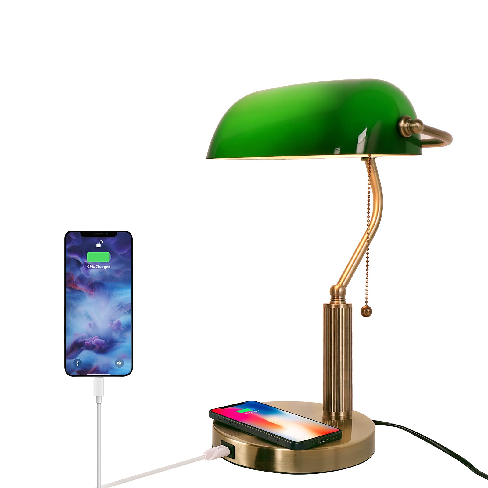 FIRVRE Retro Glass Bankers Desk Lamp with USB Wireless Charging - LED Table Lamp with Pull Chain Switch, Classic Green Desk Light for Home Office, Nightstand, Bedside, Study, Library & Reading
