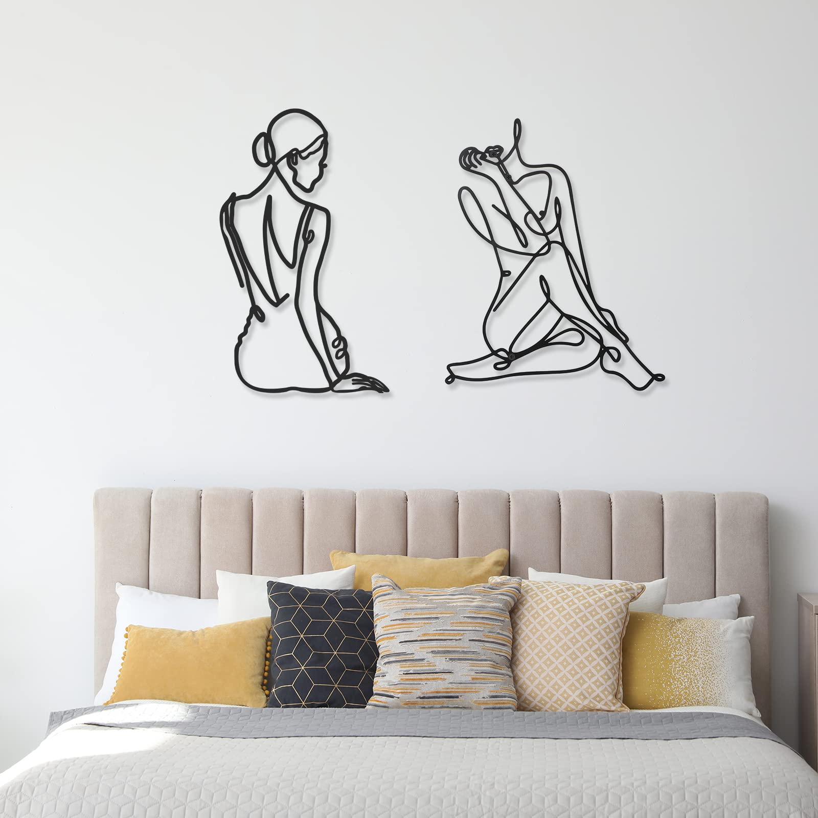 2 Pcs Minimalist Metal Wall Art - Abstract Single Line Woman Silhouette Decor for Bedroom, Living Room, Kitchen & Bathroom | Modern Home Decor for Housewarming, Wedding Gift & Apartment Aesthetic (Elegant Style)