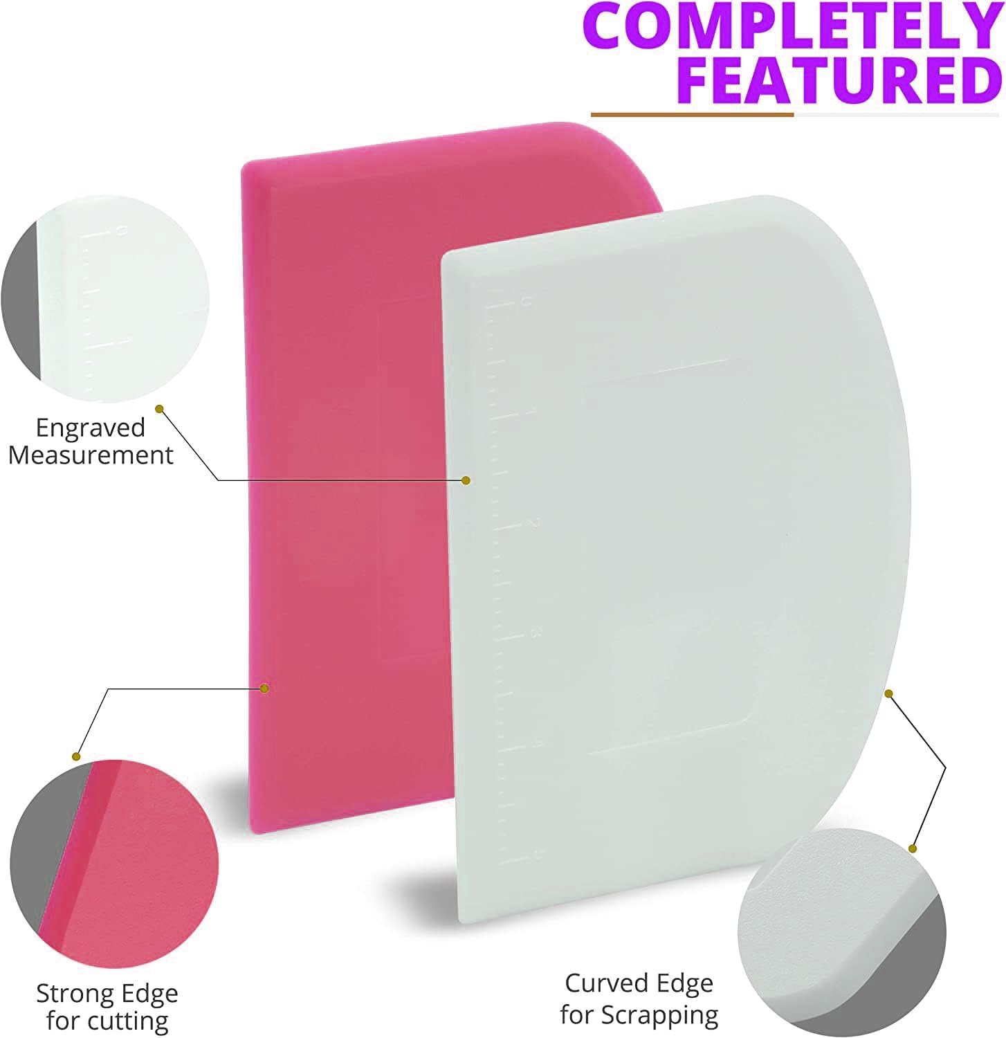 PRODINE Dual-Sided Dough Scraper Set of 2 - Flexible Food-Grade Plastic Bowl Scraper with Measurements for Baking Bread, Pizza, Pastry - Cream Smoother Tool for Bakers (White & Pink) | Perfect for Home Bakers, Professional Kitchens & Cake Decorating