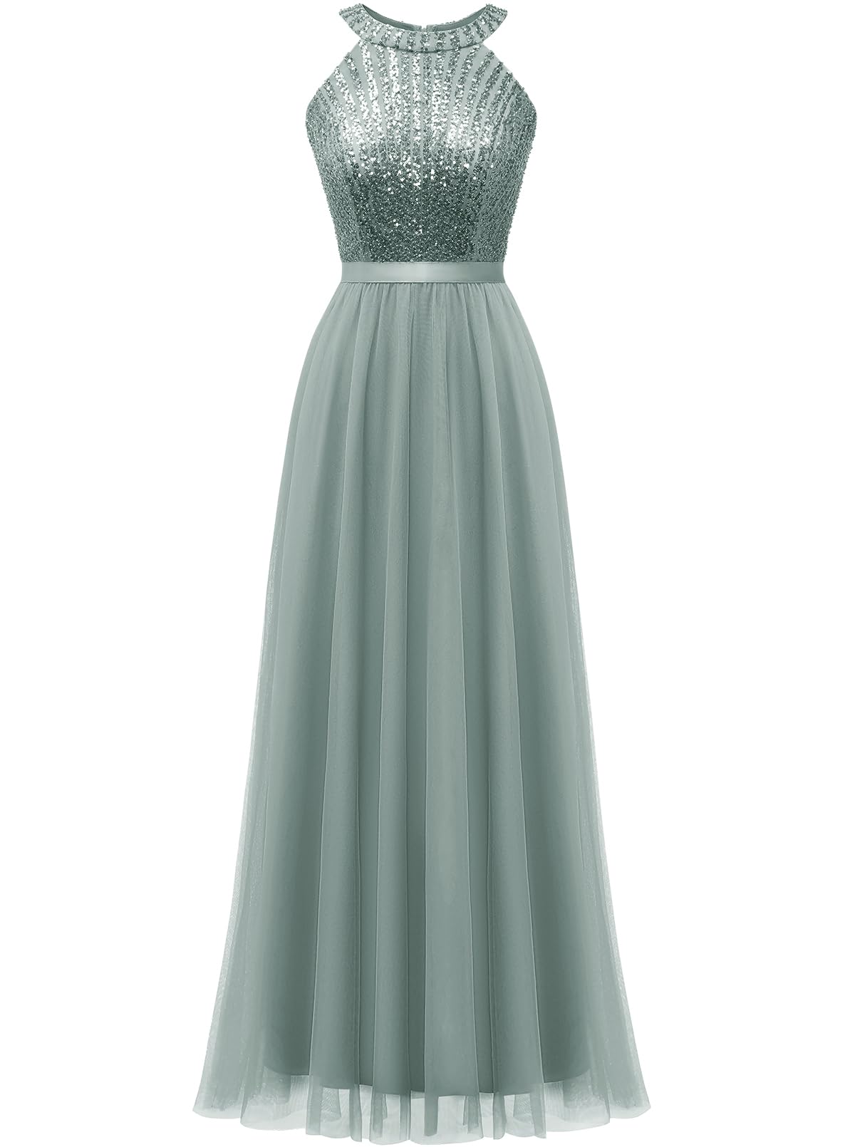 2024 Women's Halter Sequin Glitter Beaded Tulle Long Dress - Sexy Wedding, Cocktail & Party Gown for Evening Events, Prom, Red Carpet & Special Occasions