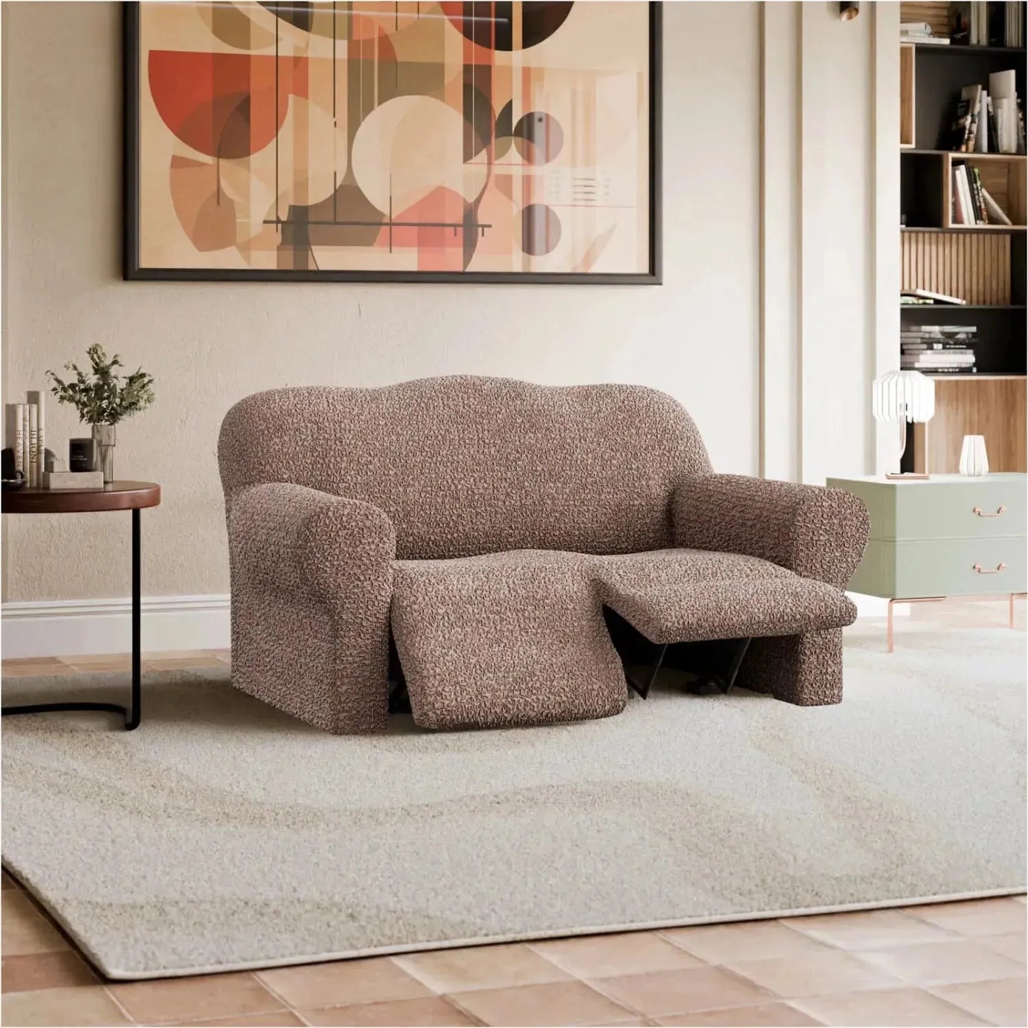 2 Seater Recliner Slipcover - Mille Righe Collection | Stretchable Sofa Cover for Living Room, Home Theater & Family Room Protection