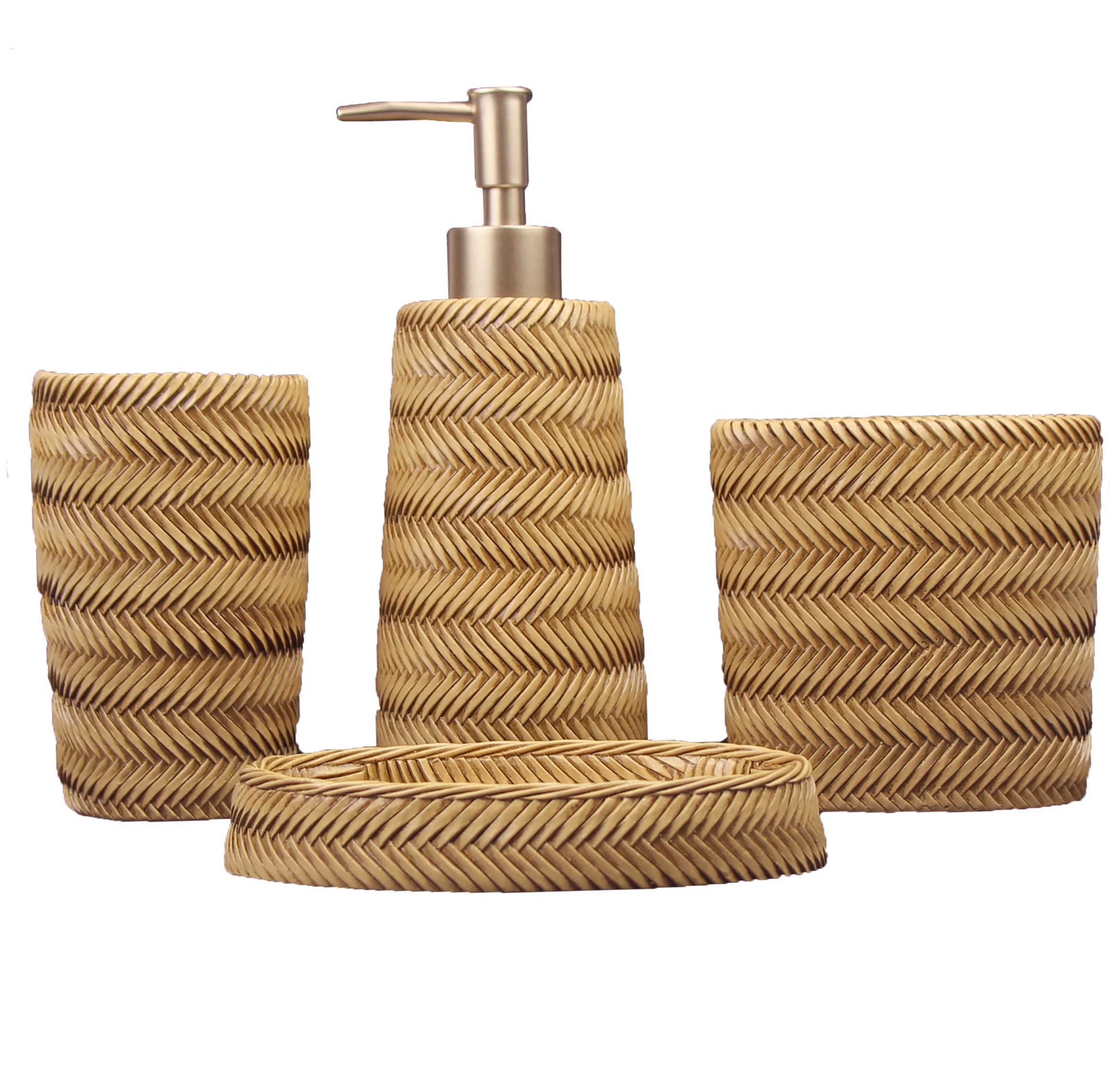 Hymmah 4-Piece Bamboo Bathroom Accessories Set - Farmhouse Style Toothbrush Holder, Soap Dispenser, Tumbler & Cup - Rustic Resin Bath Decor for Home, Apartment Essentials - Perfect for Modern Farmhouse, Cottagecore & Spa-Style Bathrooms