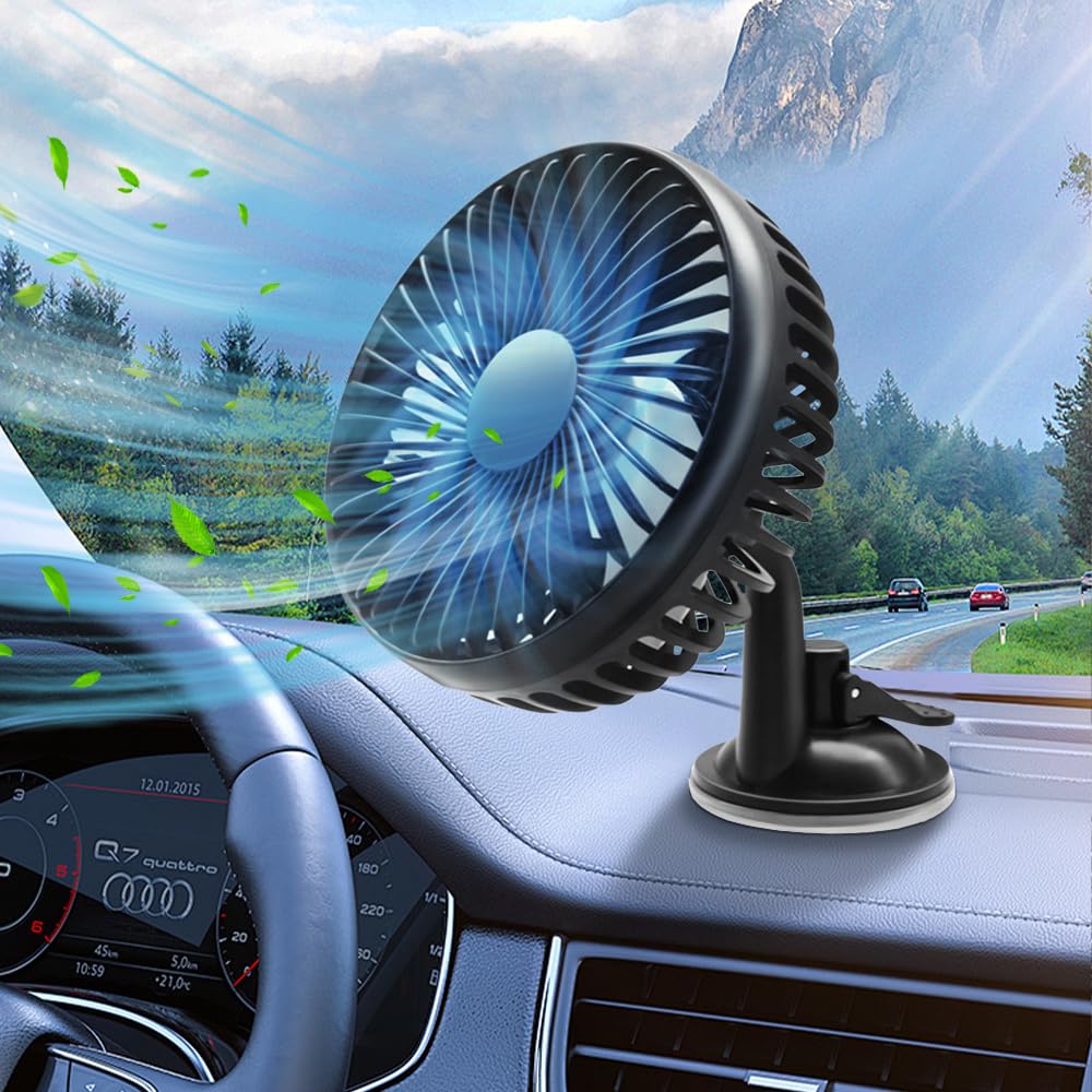 KTW1A3 USB Car Fan with Suction Cup - 12V/24V Portable Mini Fan, 360° Rotatable, 3 Speed Adjustable for Car Dashboard, Home, Office & Travel | Perfect for Cooling in Vehicles, Work Desks & Outdoor Activities