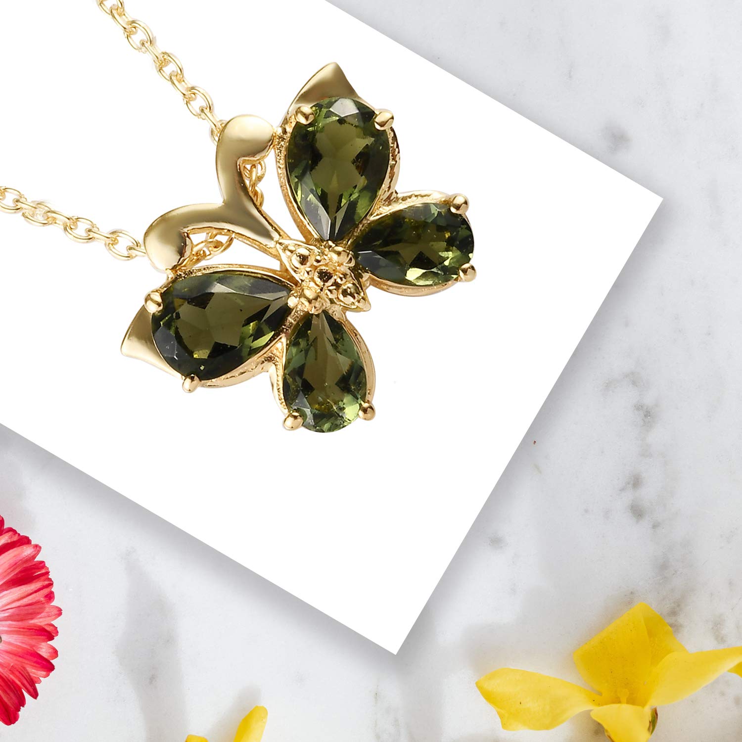 SHOP LC Sterling Silver Moldavite Pendant Necklace with Vermeil Yellow Gold Butterfly - 20