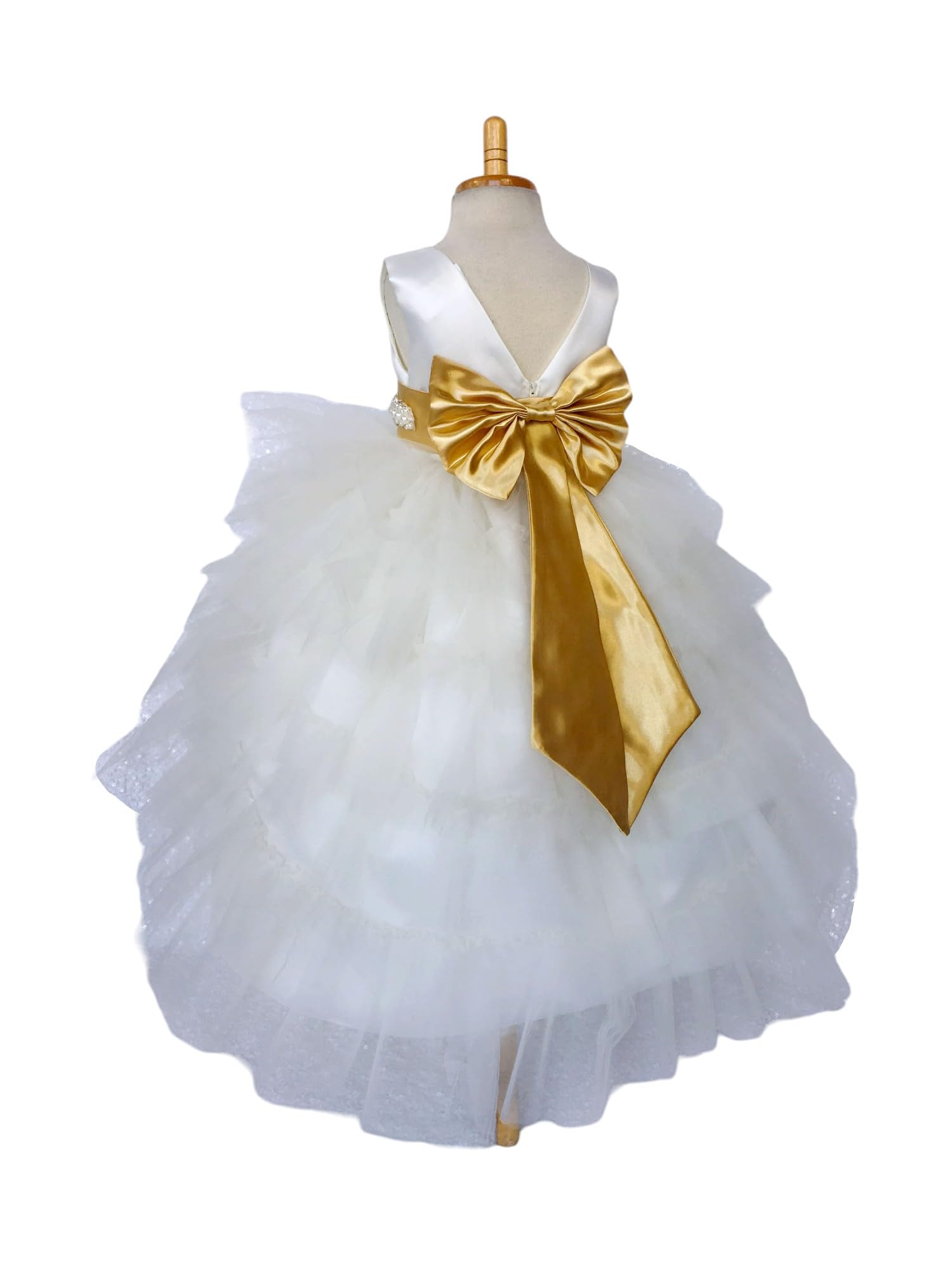 Ivory Sleeveless High-Low Tulle Flower Girl Dress with Ruffle & Gold Accessories - Perfect for Weddings, Birthday Parties & Special Occasions (Size 14)
