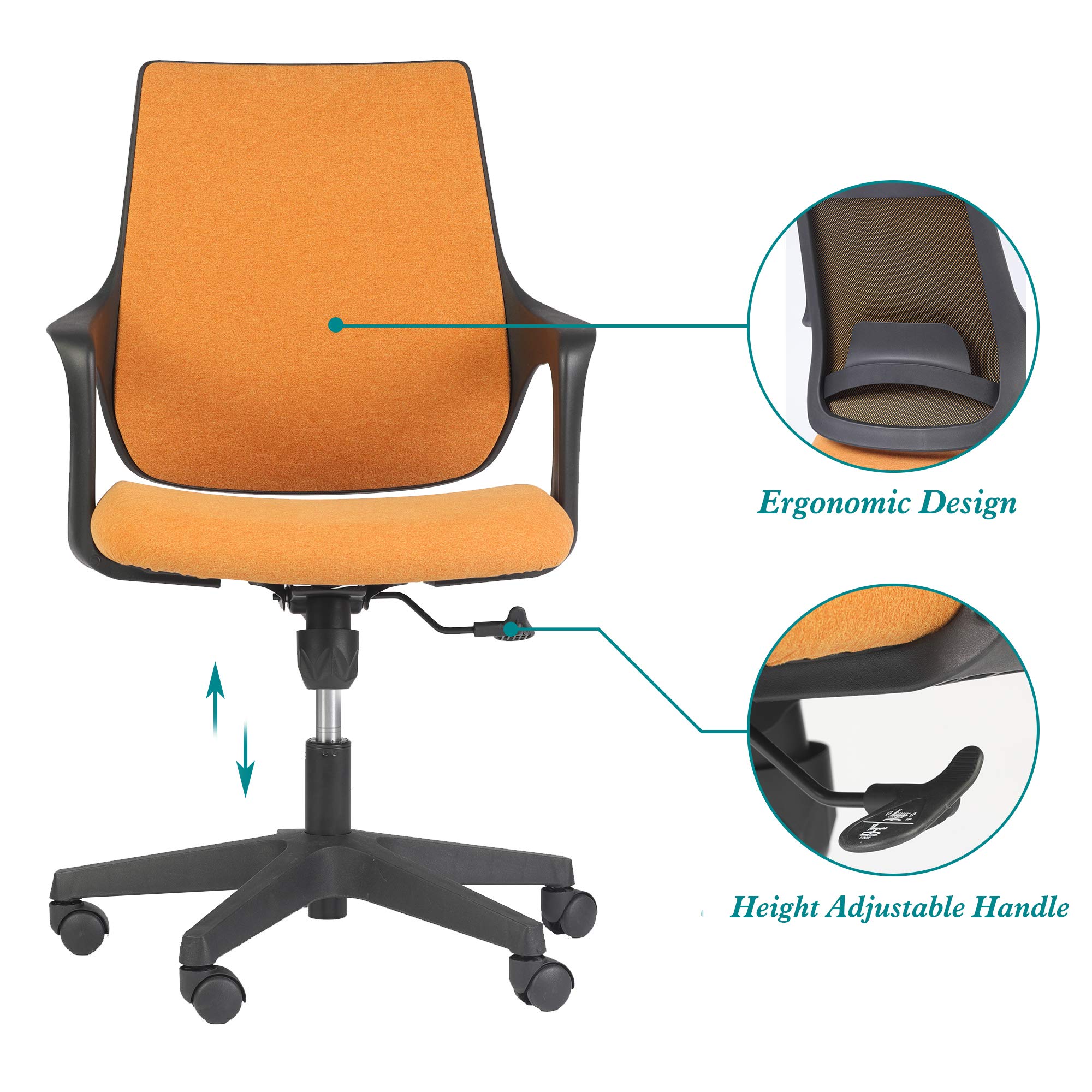 Ergonomic Mid Back Office Chair - Adjustable Height, Swivel & Cuddle Back Design with Padded Seat for Home Office (Orange) - Perfect for Long Work Hours & Gaming Sessions