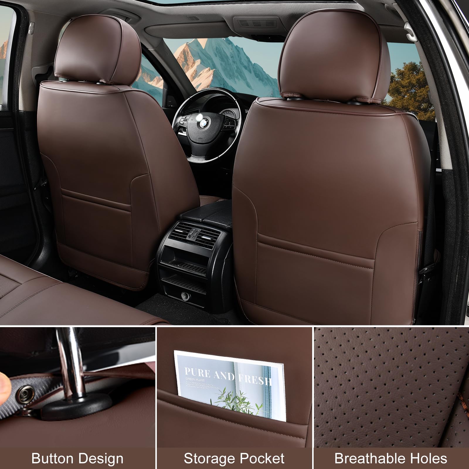 Premium Breathable Leather Car Seat Covers Full Set - Front & Rear Seat Protectors with Headrest Covers | Universal Fit for Most Cars & SUVs | Perfect for Daily Commute, Road Trips & Family Protection