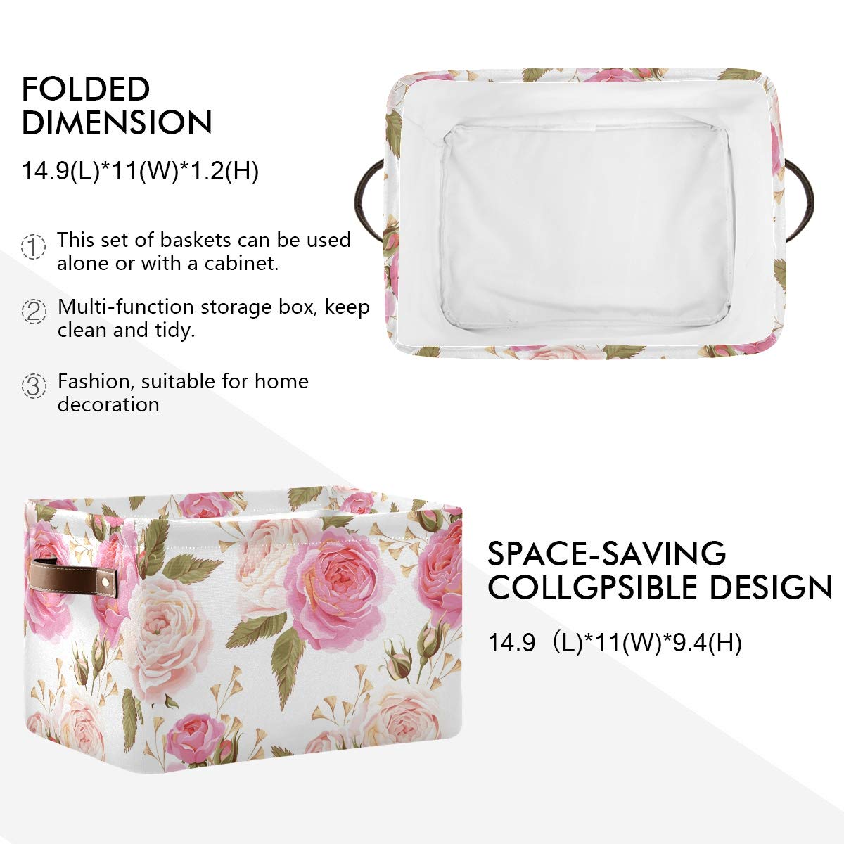 AGONA Large Foldable Storage Bin - Spring Pink Rose Floral Fabric Basket with Leather Handles | Collapsible Decorative Organizer for Closet, Bedroom, Nursery | Home Storage Solution for Toys, Blankets & Seasonal Items (1 Pack)