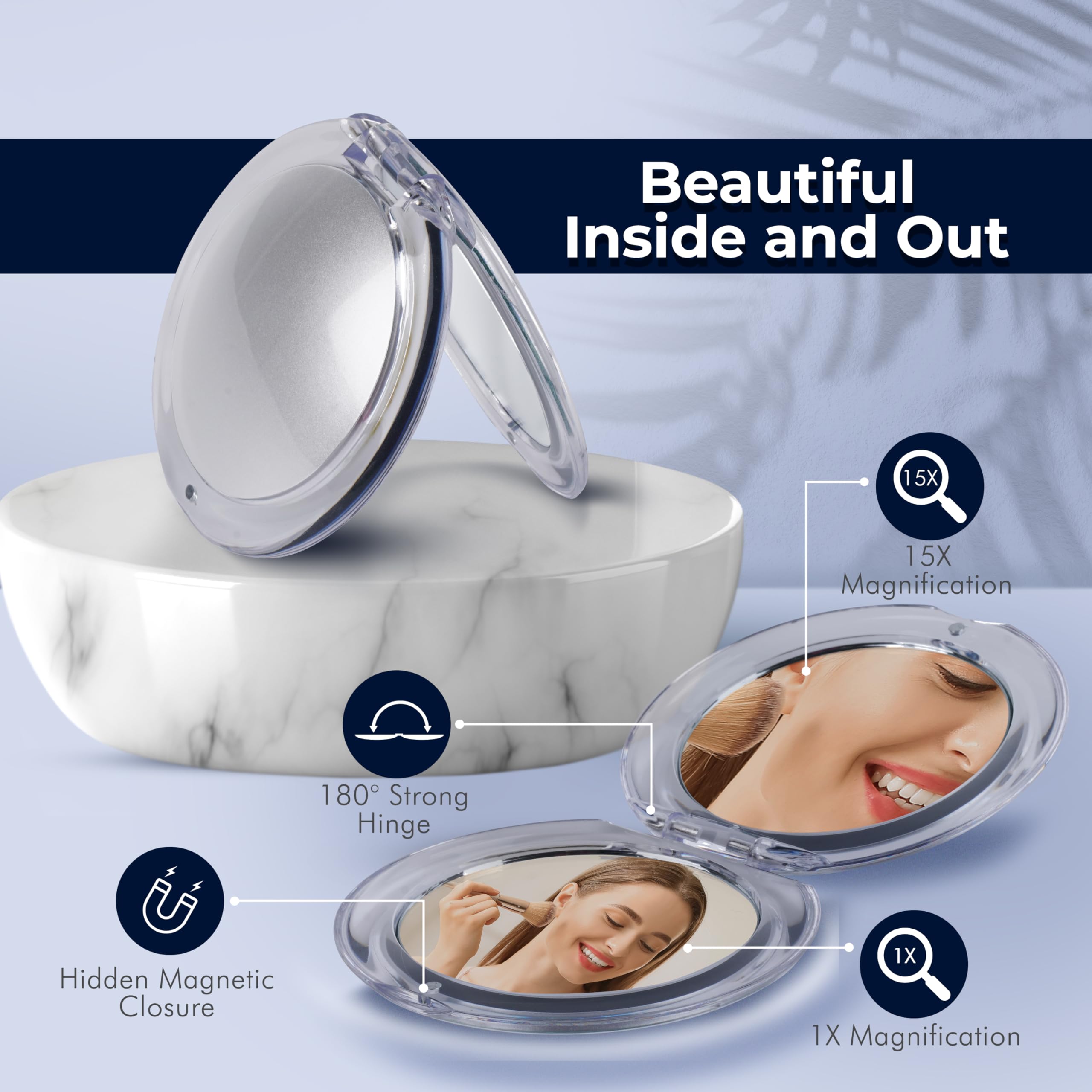 Compact 15X Travel Makeup Mirror - Lightweight Foldable for Purse & Handbag - Perfect for On-the-Go Touchups