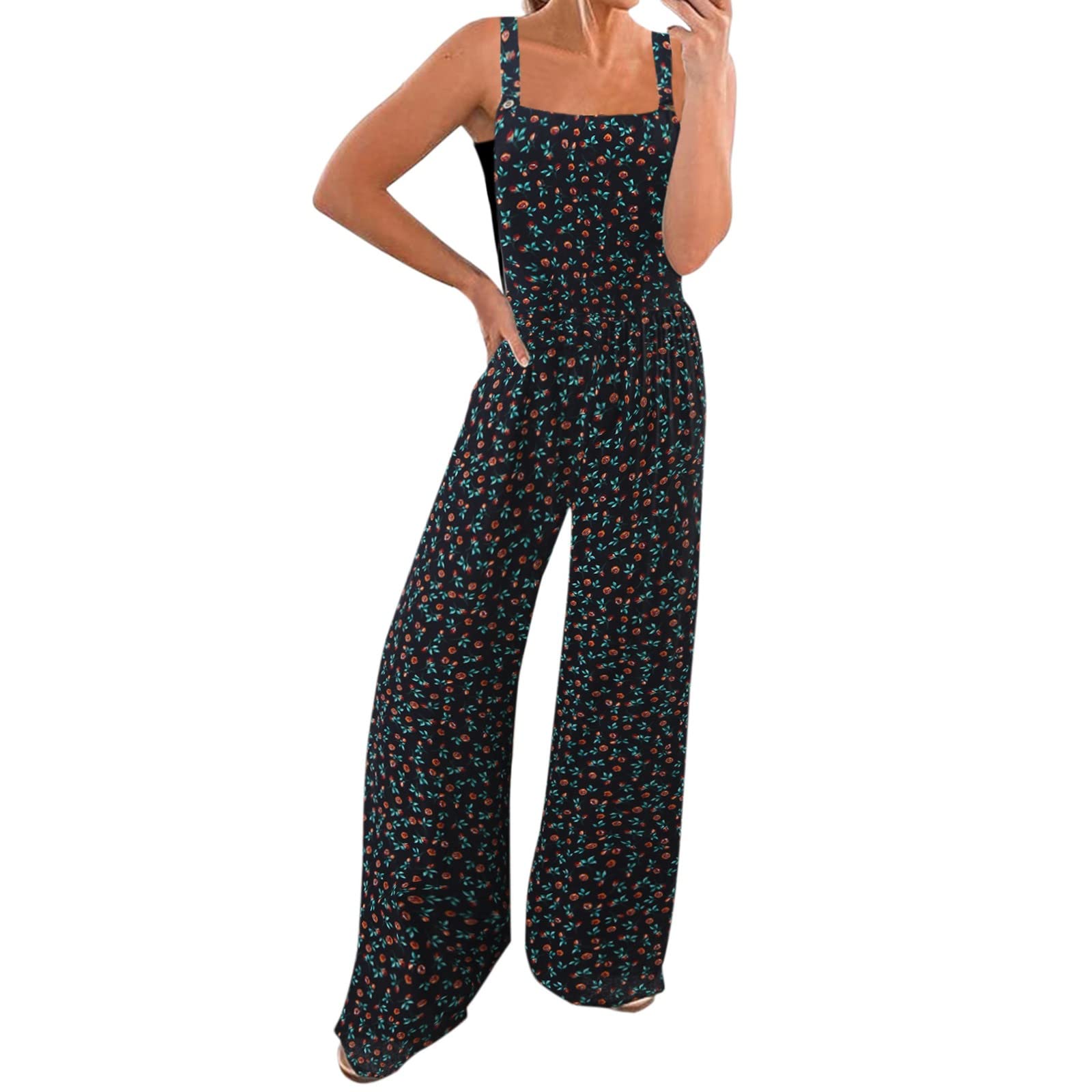 Women's Vintage Floral Print Button-Up Jumpsuit - Casual Long Sleeve Romper with Adjustable Straps | Perfect for Date Night, Office Wear & Spring Fashion