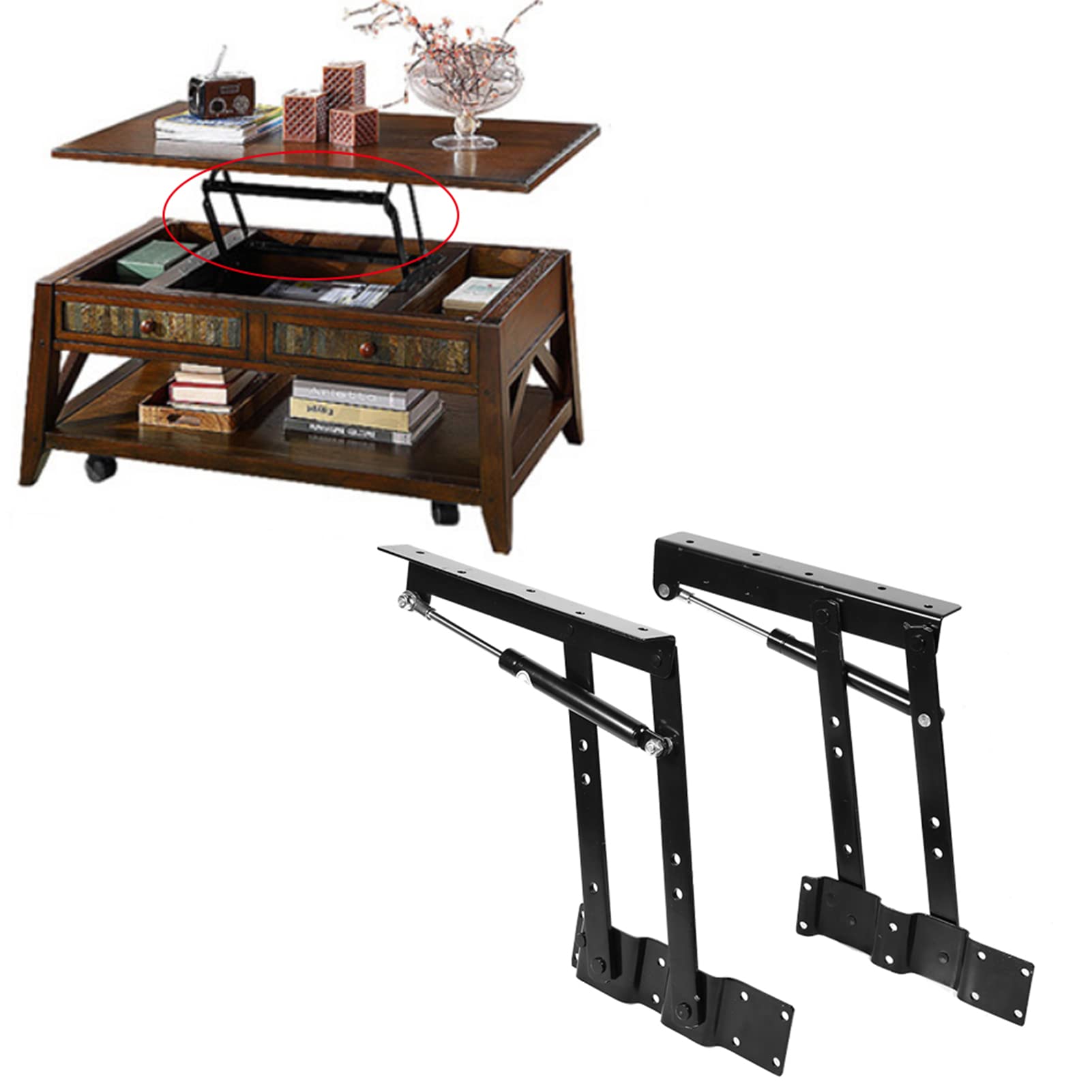 1 Pair Gas Hydraulic Folding Table Mechanism - Adjustable Lift Top Coffee Table Hardware, Standing Desk Frame Hinge Bracket for Home Office & Living Room Furniture