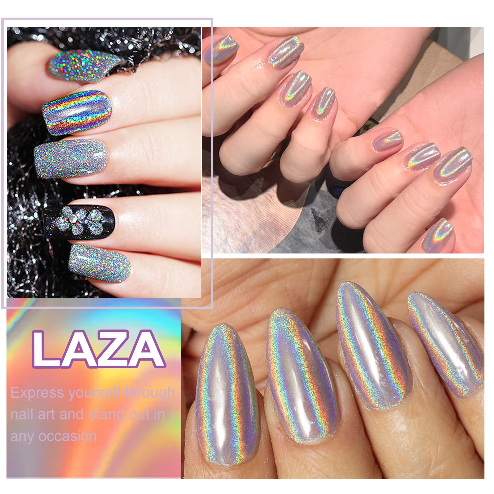 Holographic Nail Powder - Rainbow Iridescent Chrome Mirror Metallic Pigment for Gel Polish & Nail Art | Fine Glitter Nail Decorations for DIY Manicures, Resin Crafts & Professional Salon Use | Laser Silver Shine