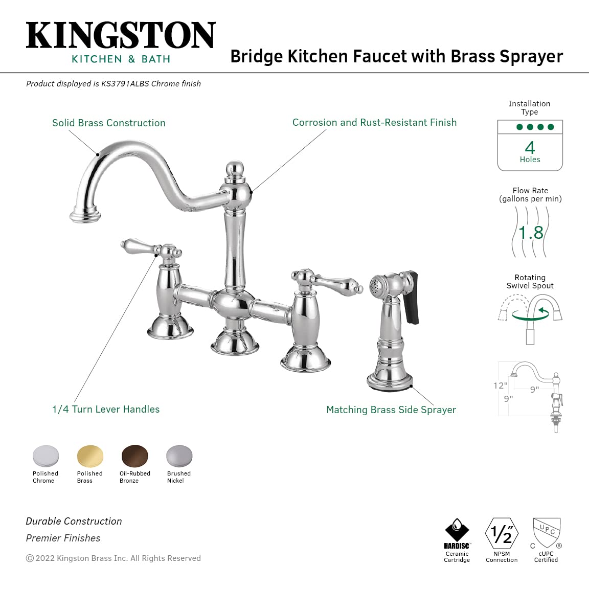 Kingston Brass KS3795ALBS 9-Inch Oil Rubbed Bronze Bridge Kitchen Faucet - Vintage Style Pull-Down Sprayer for Farmhouse & Traditional Sinks