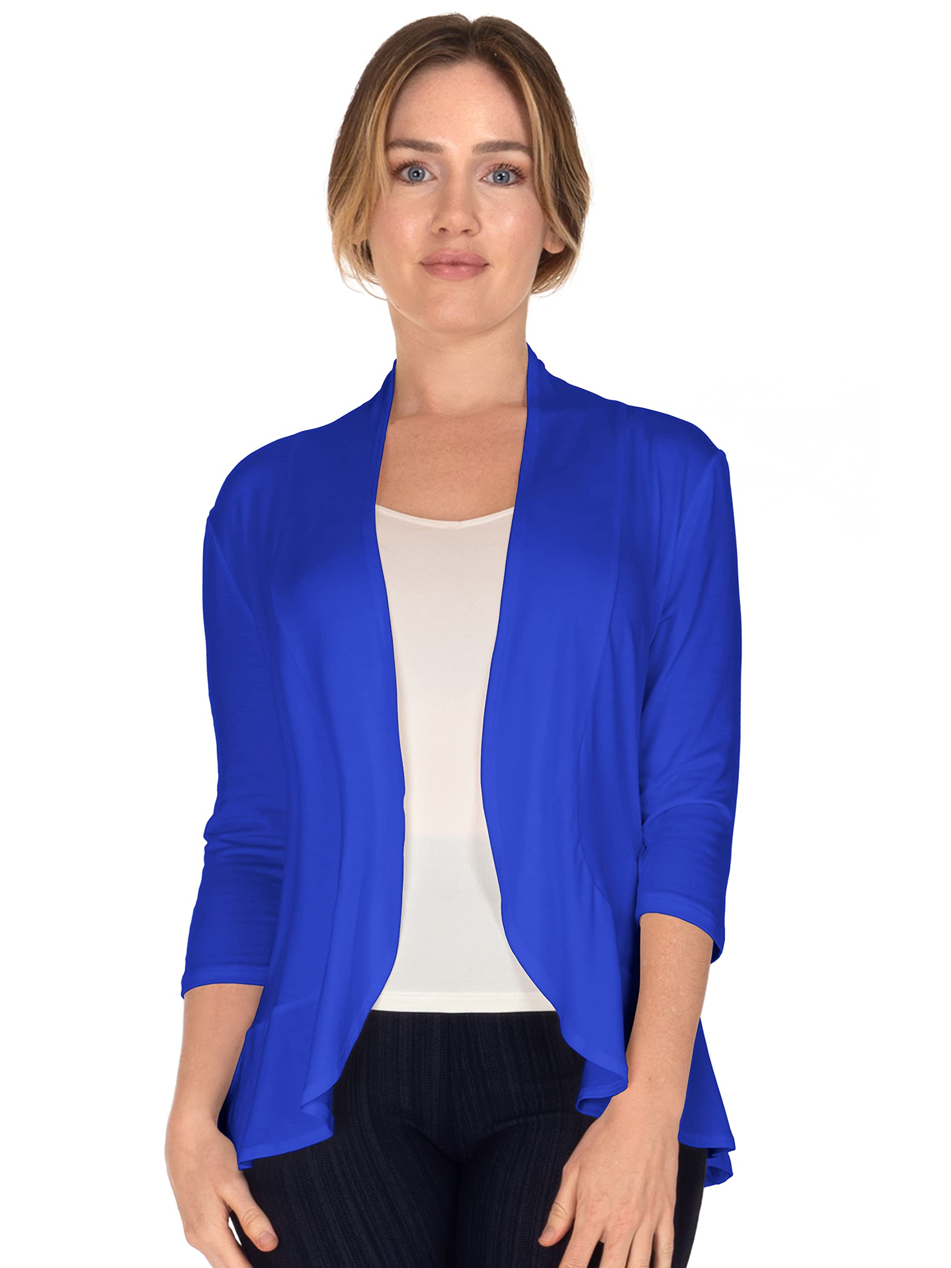 Women's 3/4 Sleeve Ruffle Cardigan Sweater - Small Size, Royal Blue - Perfect for Office Wear, Date Night & Spring Layering