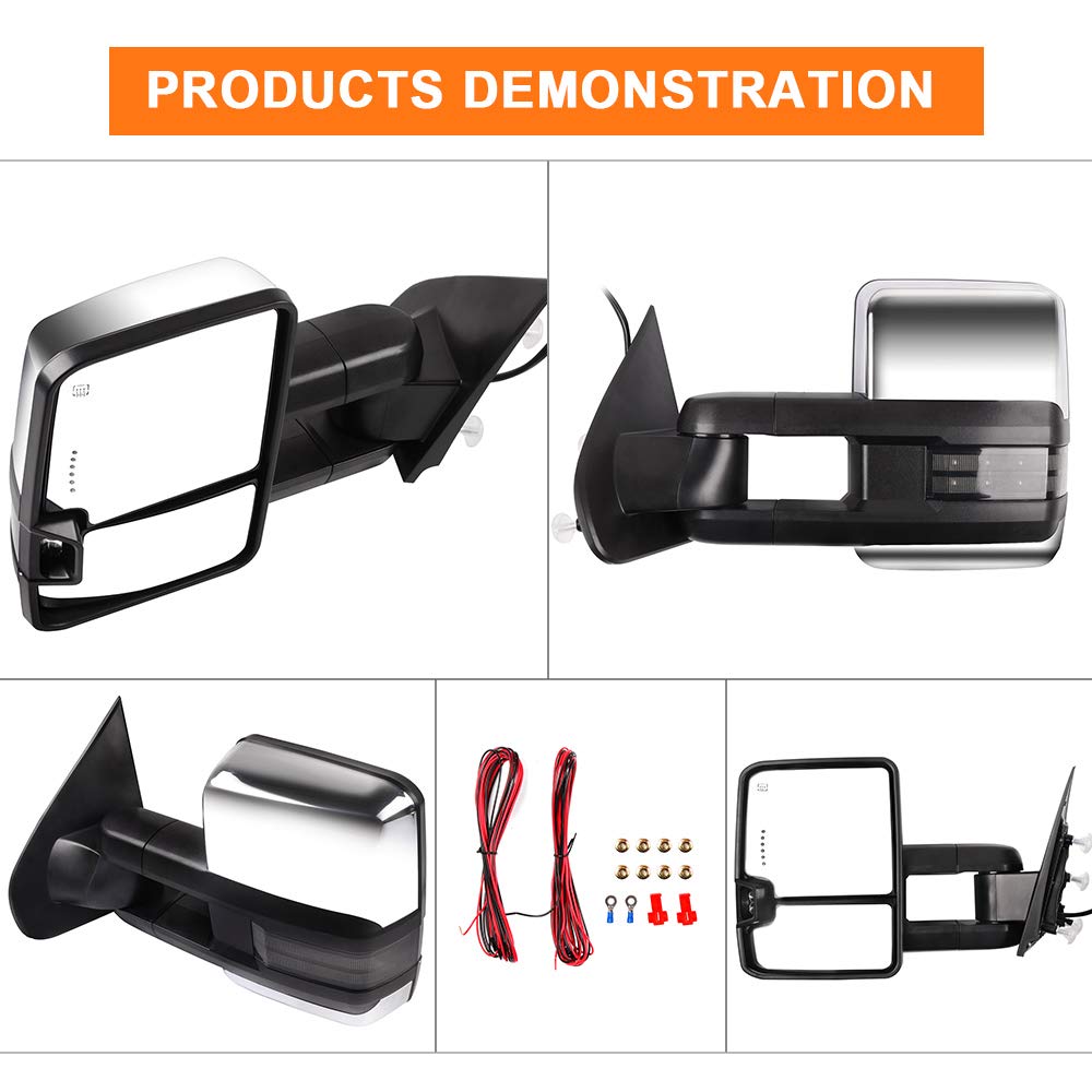 ROADFAR Towing Mirrors for GMC Sierra 2500/3500 HD (2015-2019) - Power Adjustable Heated LED Signal Mirrors with Puddle Light & Chrome Housing | Perfect for Towing, Camping & Heavy-Duty Truck Accessories