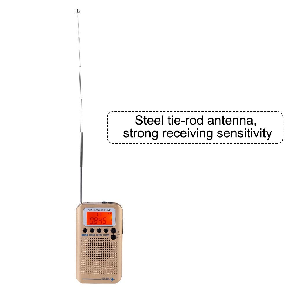 Portable Air Band Radio Receiver - Full Band AM/FM/CB/SW/VHF Handheld Aircraft Radio with Extended Antenna, LCD Display, Alarm & Earphones (Gold) | Perfect for Aviation Enthusiasts, Emergency Preparedness & Outdoor Adventures