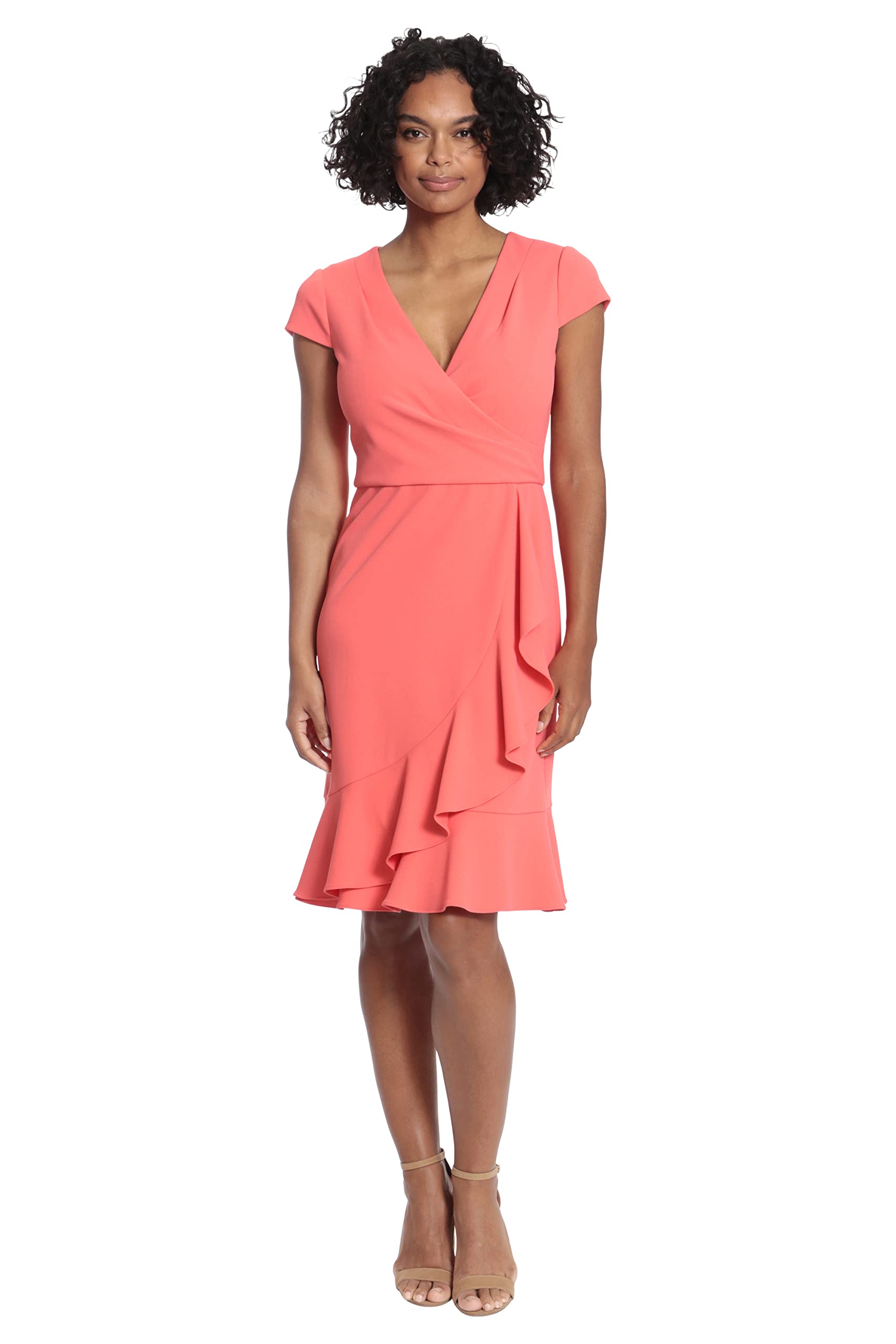 London Times Women's Cap Sleeve V-Neck Knee Length Dress with Ruffle Faux Wrap Skirt - Elegant Casual & Office Wear for Summer