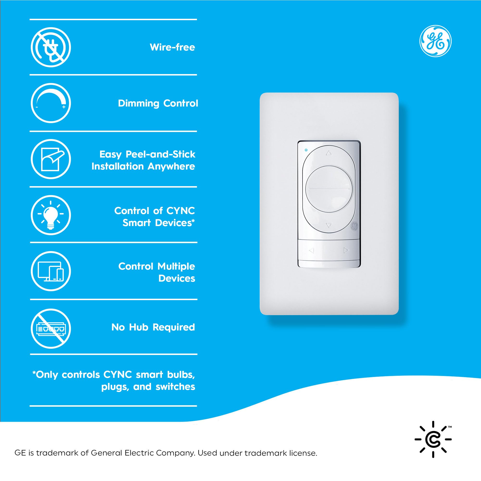 GE CYNC Smart Dimmer Light Switch - Wireless Bluetooth Control, Adjustable White Tones, Battery Powered (1 Pack) - Perfect for Smart Homes, Bedrooms & Living Rooms