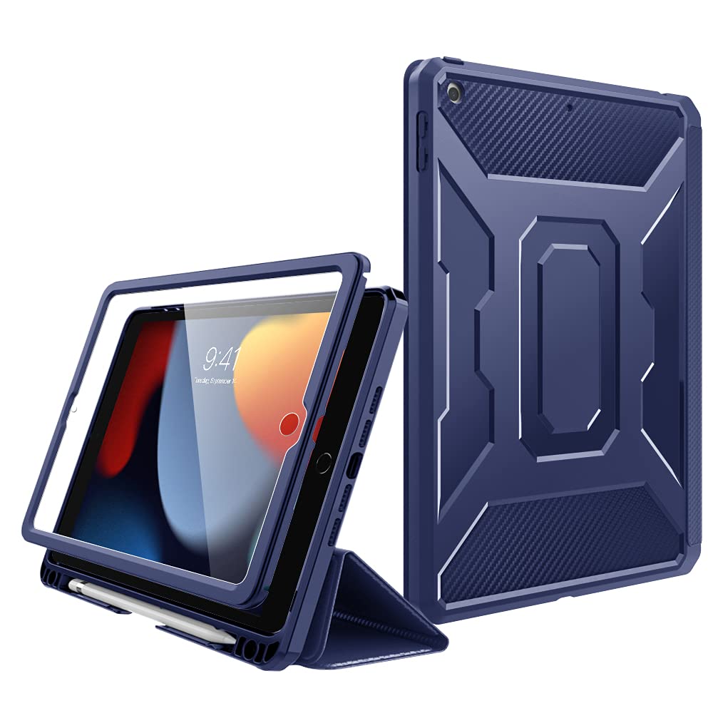 MoKo Shockproof Case for iPad 10.2 Inch (9th/8th/7th Generation 2021/2020/2019) - Built-in Screen Protector & Apple Pencil Holder, Auto Sleep/Wake, Full Body Protection - Perfect for School, Work & Travel (Blue)