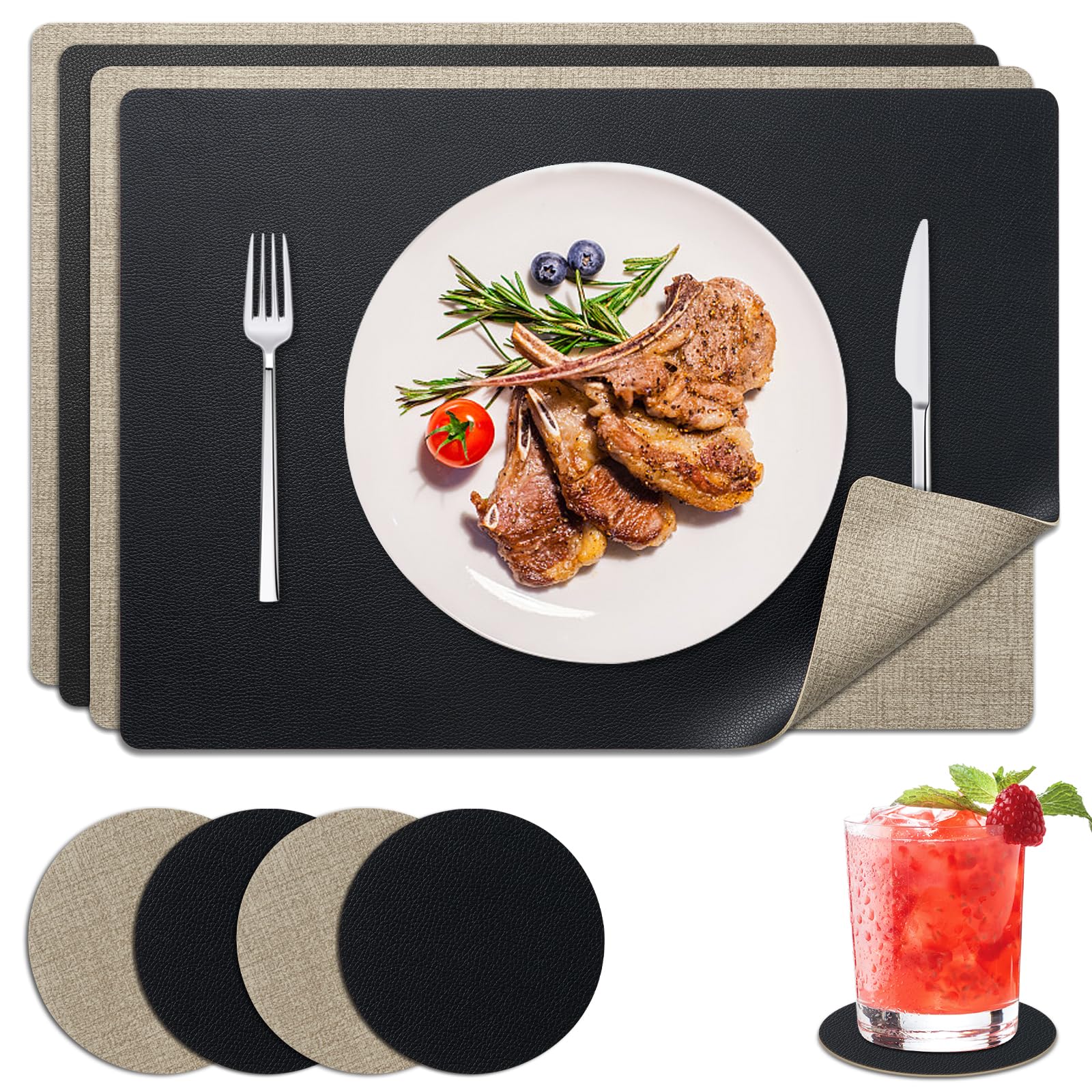 Premium Faux Leather Placemats Set of 4 with Coasters - Heat, Stain & Water Resistant - Non-Slip Oil-Proof Table Mats for Dining, Kitchen, Patio & Outdoor Use - Easy to Clean & Durable