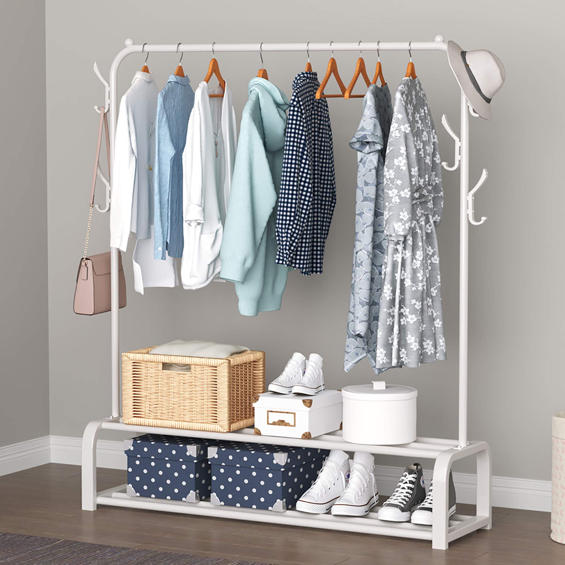 YAYI Freestanding Garment Rack with 2-Tier Storage Shelf & Side Hooks - White Clothes Hanger for Bedroom, Closet Organization & Laundry Room Storage