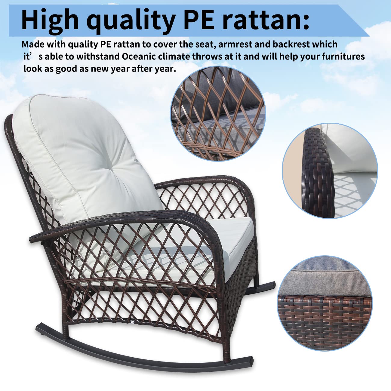 PE Rattan Rocking Chair with White Cushion - Modern Wicker Patio Furniture for Garden, Porch, Balcony & Indoor Use - Comfortable Rocking Motion - Perfect for Relaxing, Reading & Outdoor Lounging (1-Piece Set)