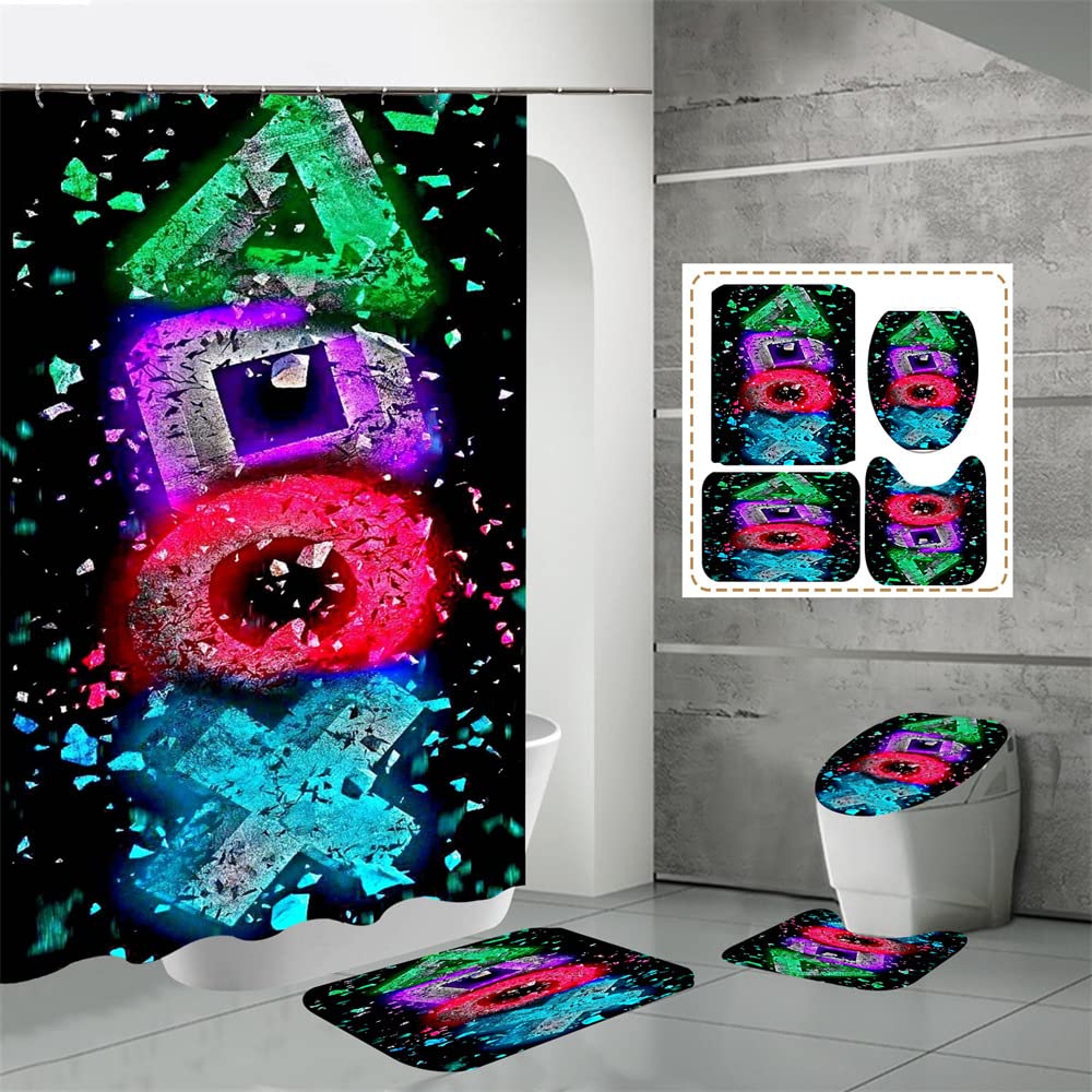 Stylish Gamepad-Themed Bathroom Decor Set - Waterproof Shower Curtain & Non-Slip Floor Mat for Gamer Bathroom | Perfect for Gaming Enthusiasts & Geek Home Decor