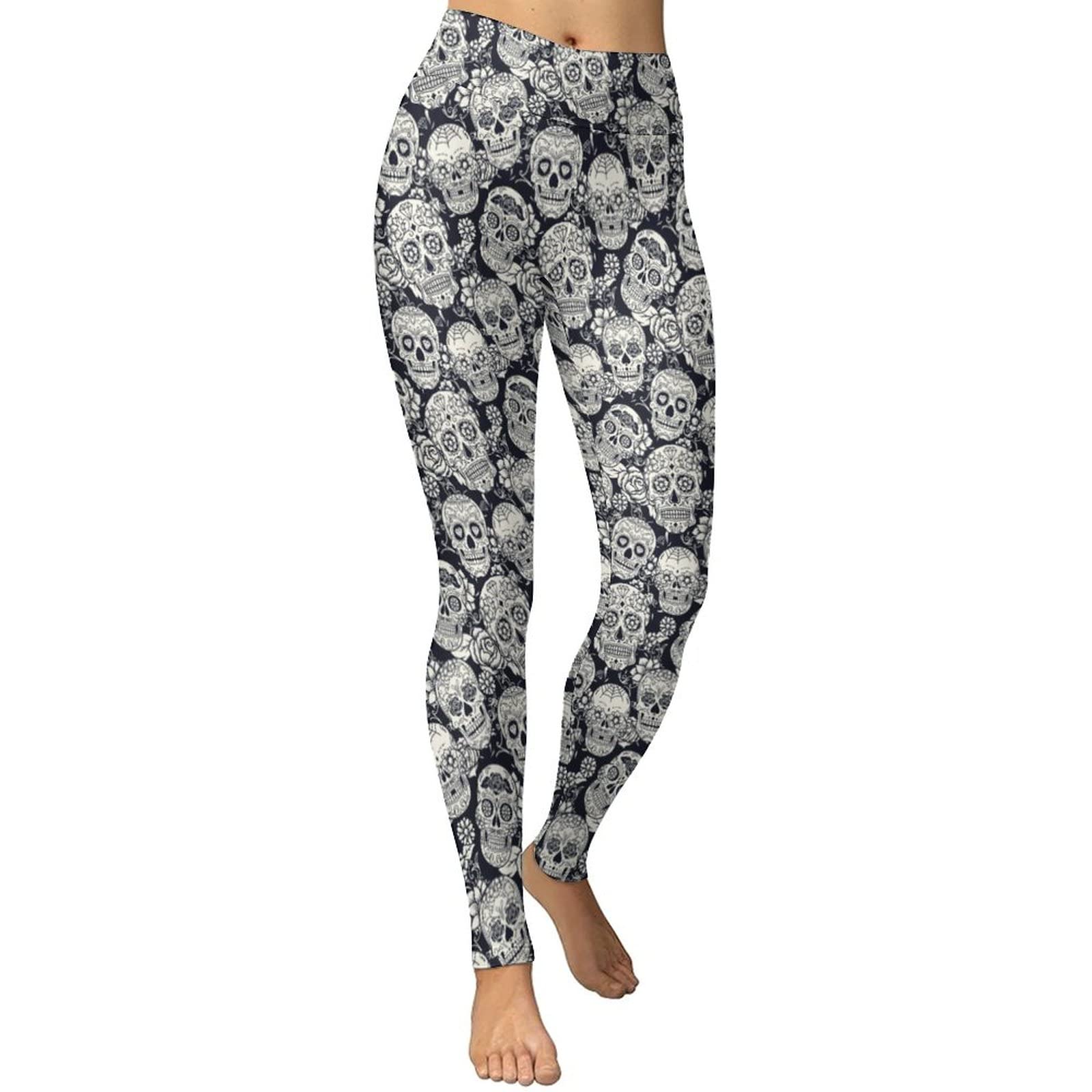 Floral Sugar Skull Women's High Waist Yoga Pants - Workout Leggings for Gym, Running & Casual Wear