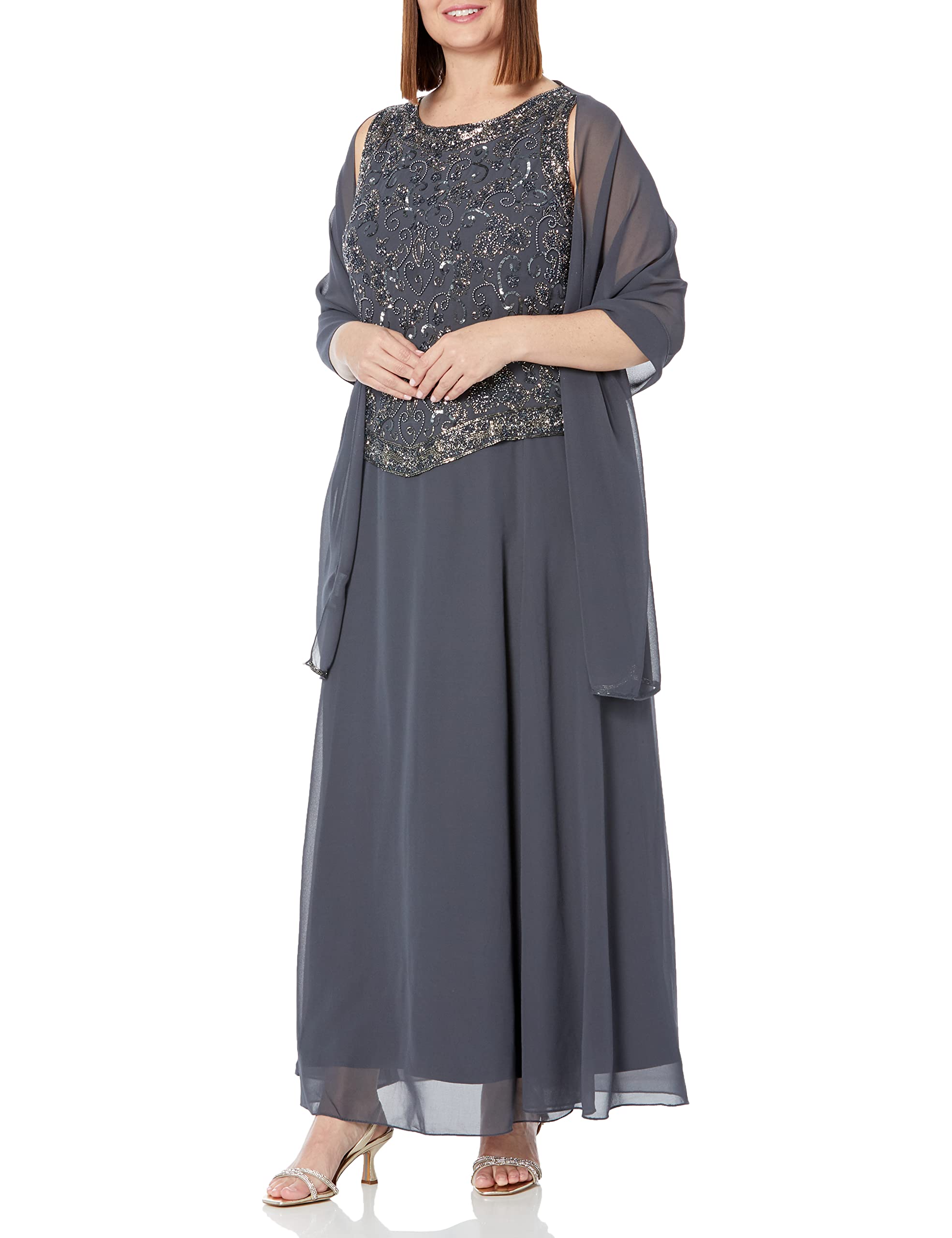 J Kara Women's Plus Size Long Beaded V-Neck Dress with Scarf - Elegant Formal Gown for Weddings, Parties & Special Occasions