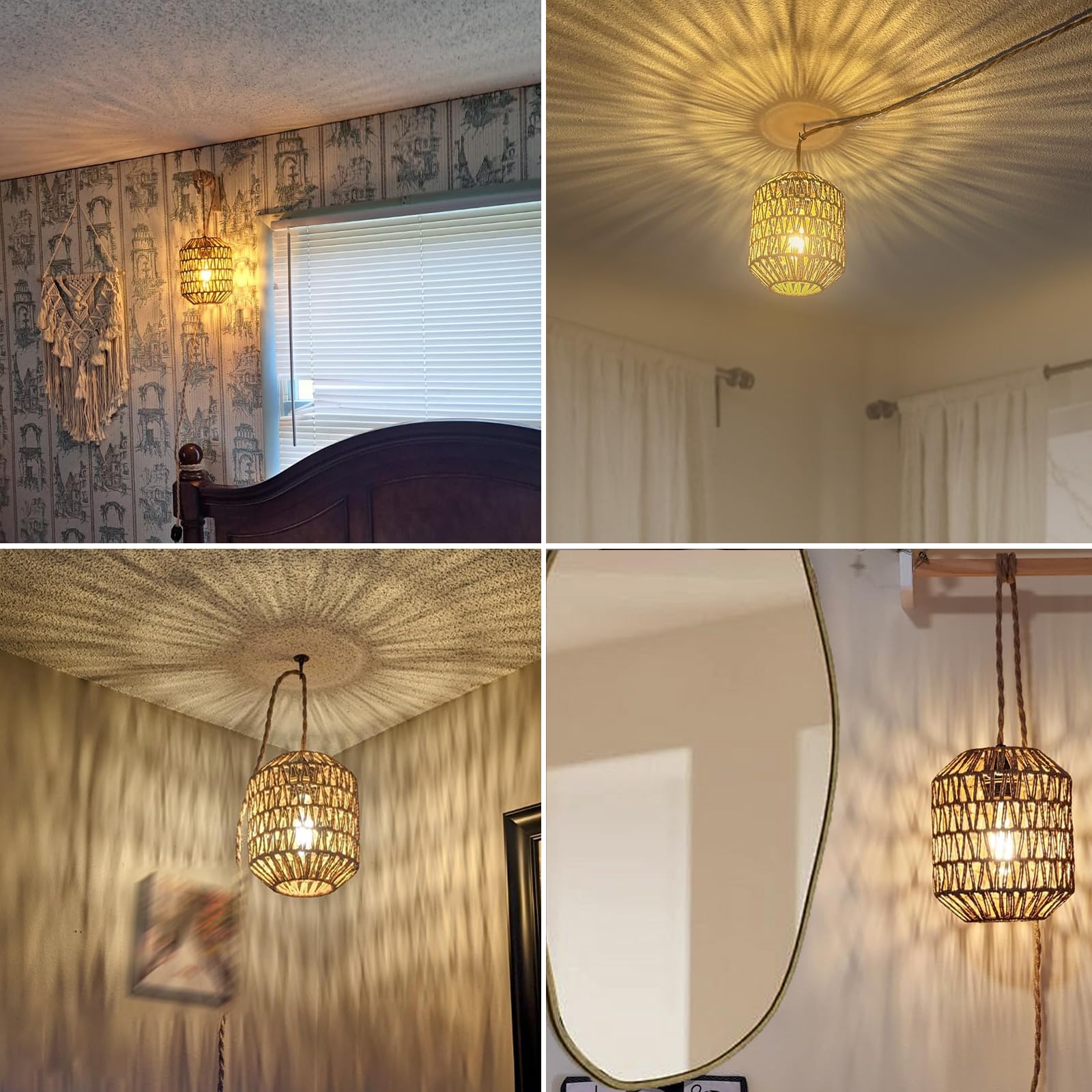 Rattan Plug-in Pendant Light with 15ft Cord & On/Off Switch - Hand Woven Wicker Chandelier - Boho Hanging Lamp for Bedroom, Kitchen, Hallway, Foyer - Perfect for Farmhouse, Apartment & Dining Room Decor