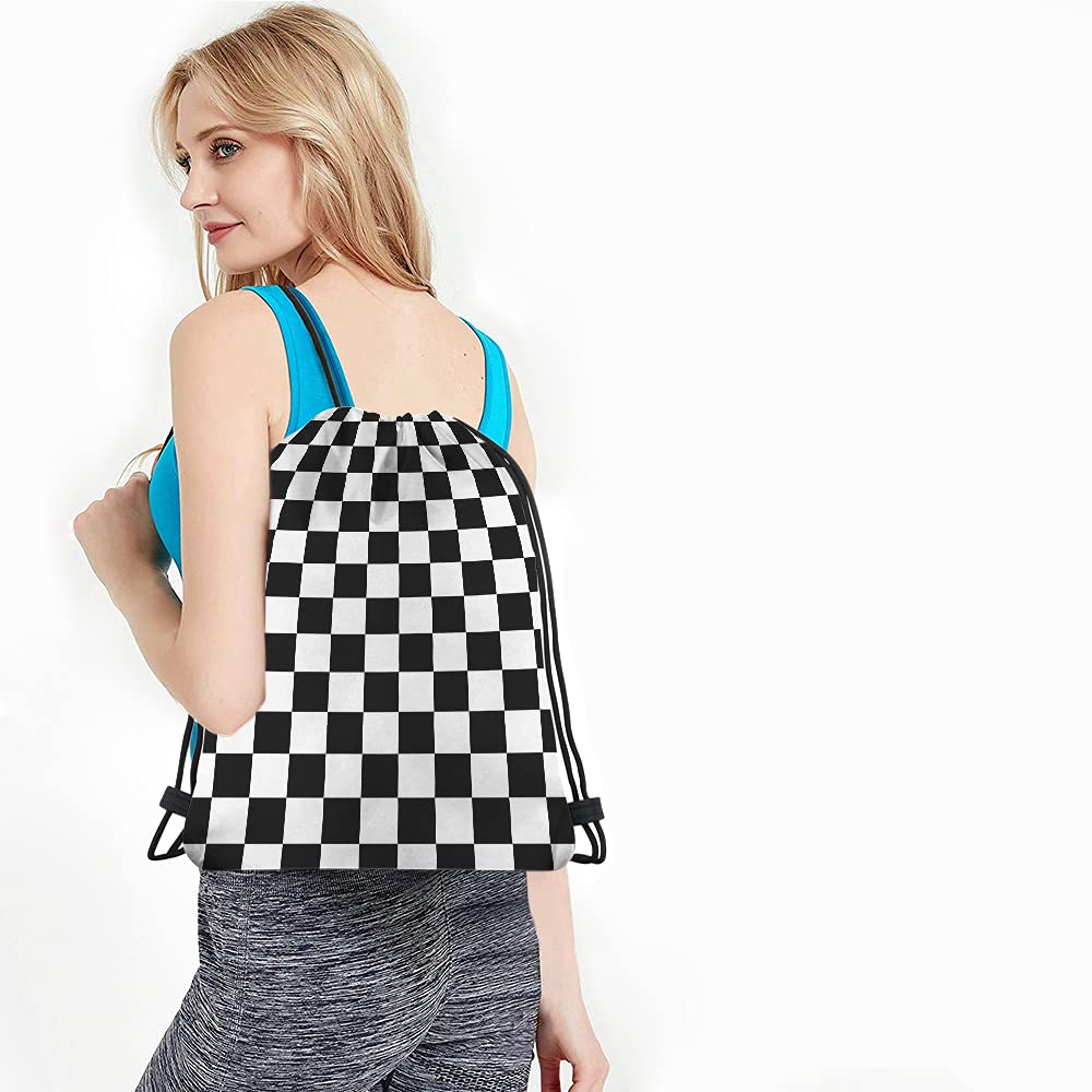 Checkerboard Drawstring Backpack - Black & White Geometric Plaid Pattern Gym Sack for Sports, Yoga, Chess & Racing | Durable String Bag for Men & Women | Perfect for Gym, Travel & Outdoor Activities