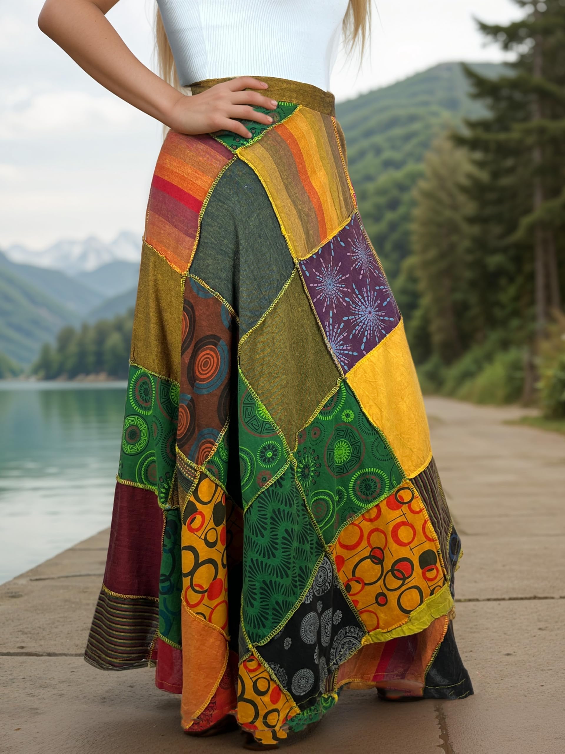**Agan Traders Women's 2025 Spring & Fall Boho Maxi Skirt - High Waisted Long Skirt with Patchwork & Tie-Up Design, Bohemian Wrap Cover Up for Casual Outings, Beach Vacations & Festivals**
