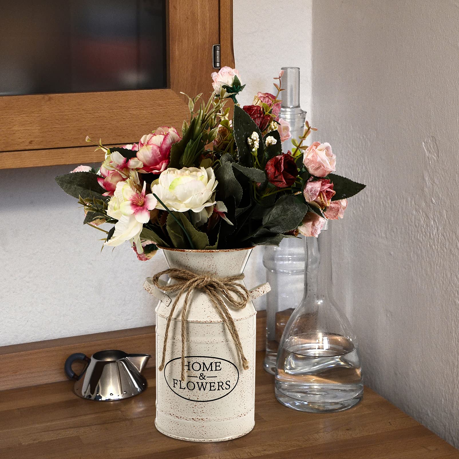 French Style Shabby Chic Galvanized Metal Flower Vase - Rustic Milk Can Pitcher for Farmhouse Decor, Wedding Centerpiece & Home Floral Arrangements (Beige)