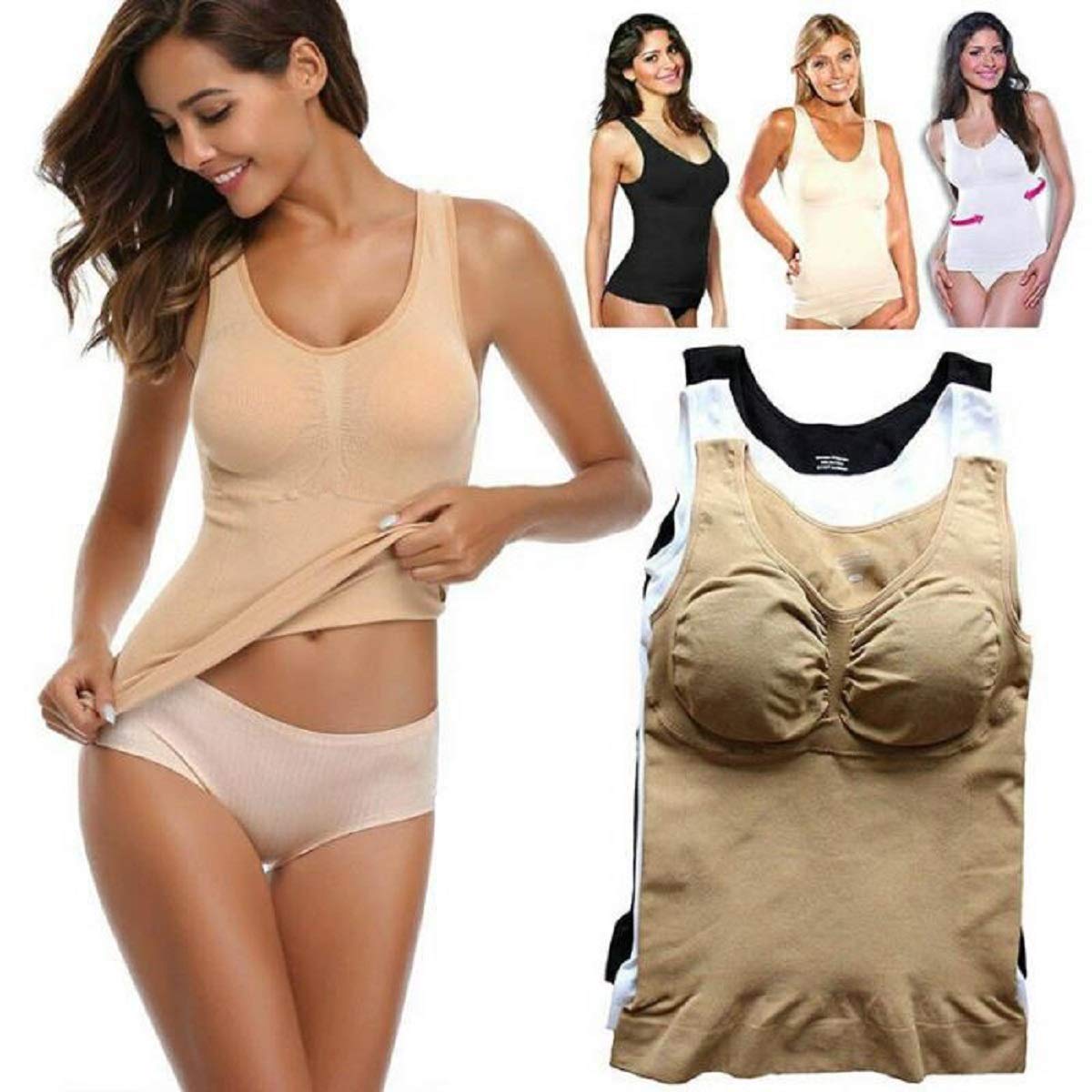 3 Pack Women's Seamless Bra Body Shaper Camisole - Built-in Removable Pads Shapewear Tank Top for Everyday Wear & Layering | Slimming Underwear for Work, Yoga & Special Occasions