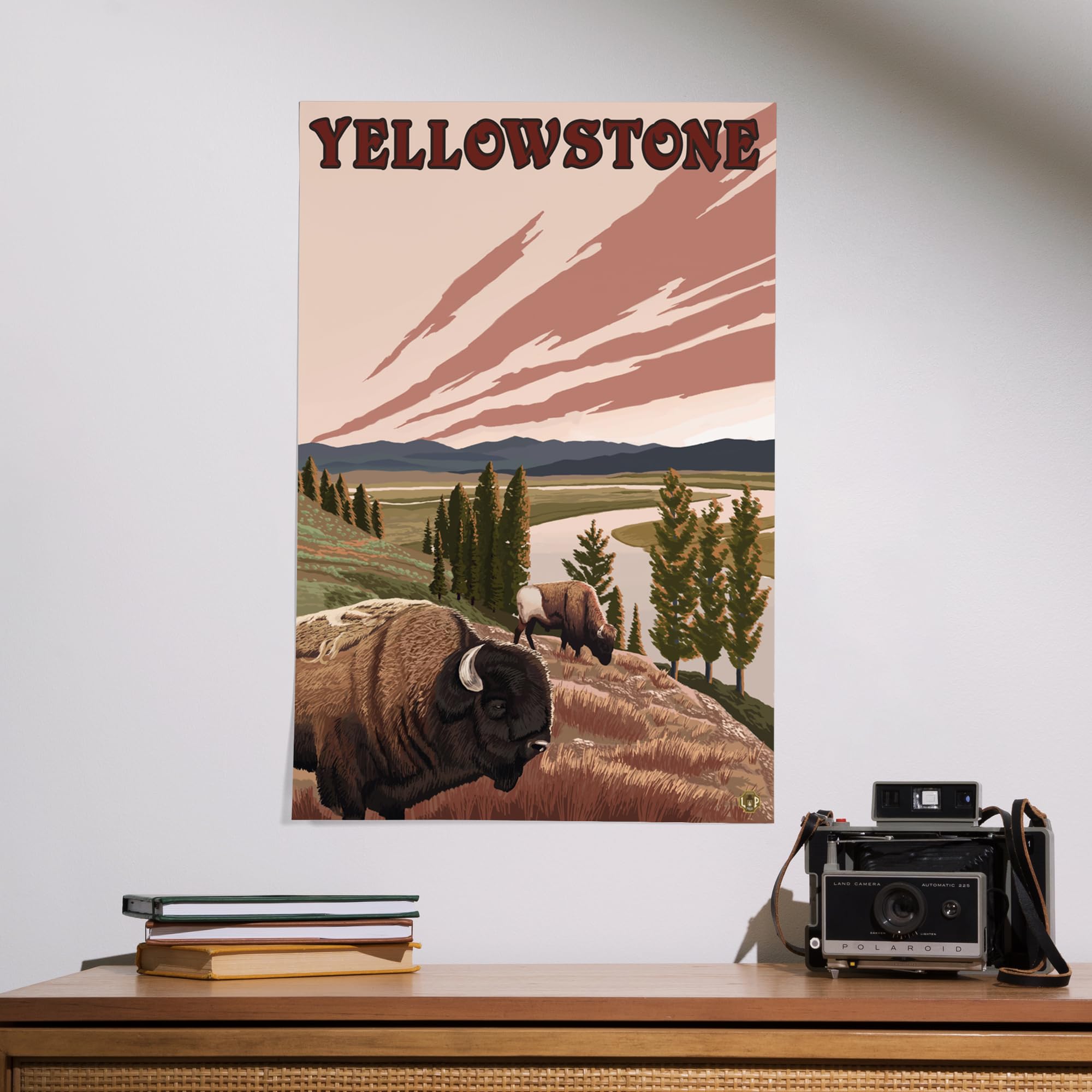 Lantern Press 16x24 Inch Giclee Fine Art Print - Yellowstone National Park Landscape with Bison - Wyoming Wall Decor for Living Room, Office & Cabin