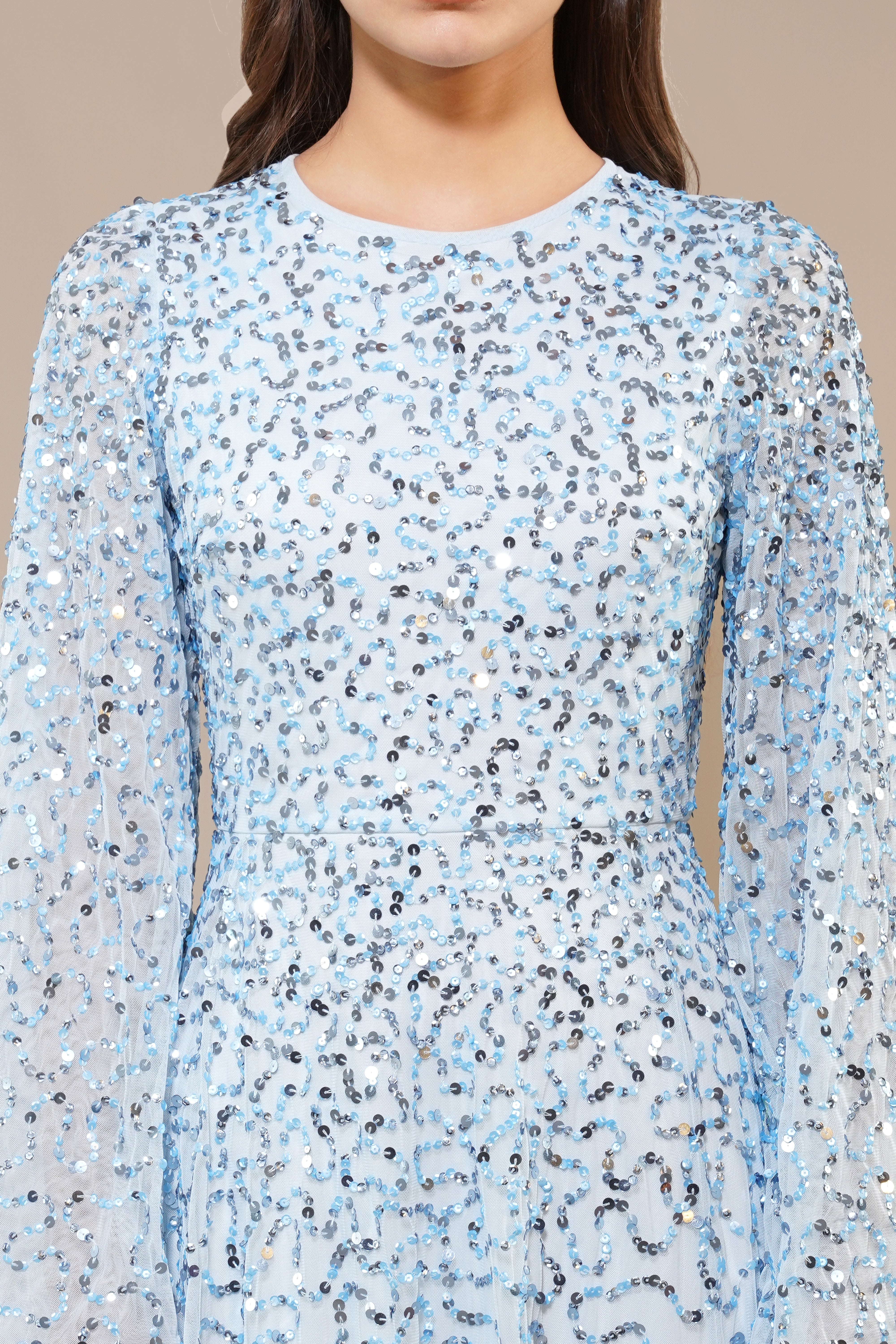 Sloane Long Sleeve Embellished Maxi Dress - Sky Blue Women's Elegant Evening Gown for Parties, Weddings & Special Occasions
