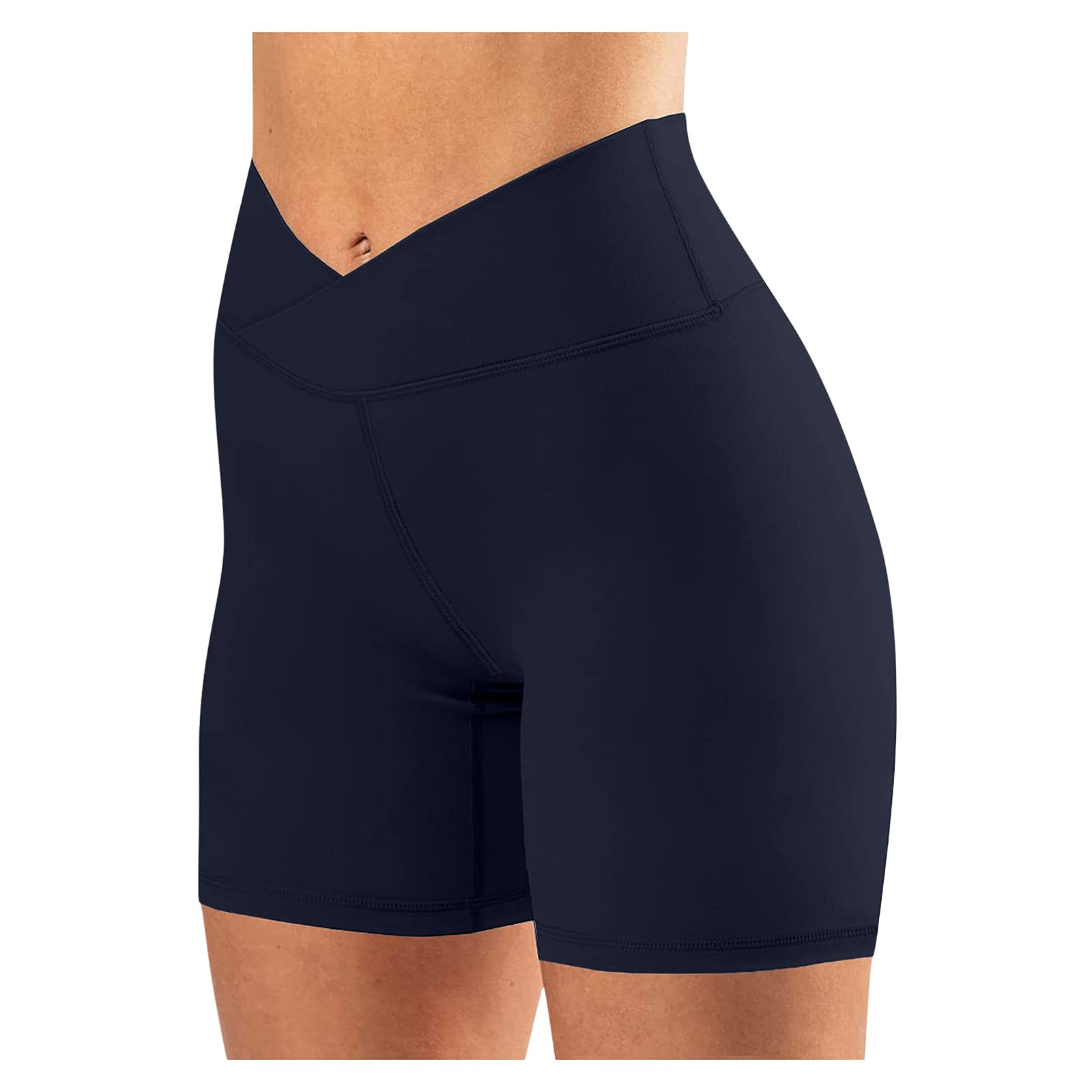 Women's High Waisted Biker Shorts - Tummy Control Yoga Running Workout Shorts with Cross Waist Design | No Pocket Option | Navy Blue XXL | Perfect for Gym, Cycling & Lounge Wear