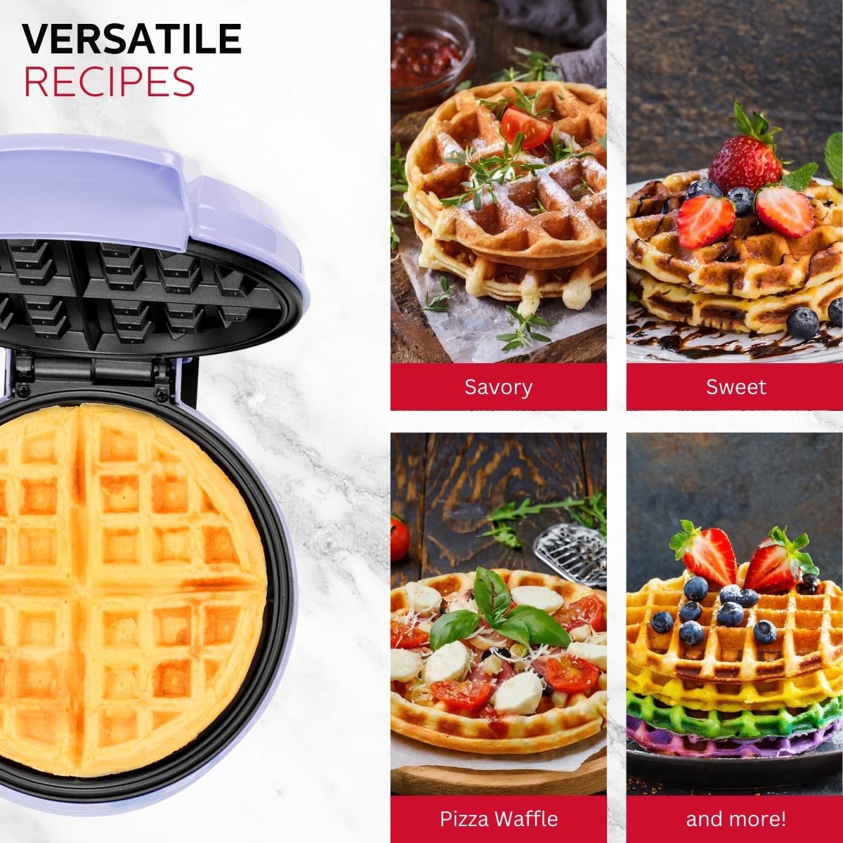 Holstein Housewares 7-Inch Non-Stick Waffle Maker with Adjustable Temperature Control - Stainless Steel & Lavender Belgian Waffle Iron for Perfectly Crispy Waffles - Ideal for Breakfast, Brunch, Family Gatherings & Holiday Cooking