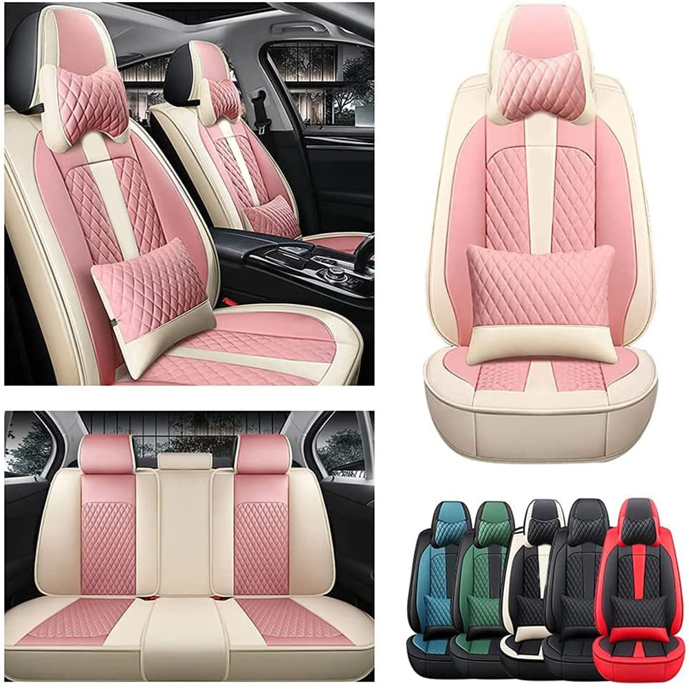 Luxury PU Leather Front & Rear Seat Covers with Headrest Backrest Cushions for Ford Maverick - Comfortable, Stylish Pink & Beige Car Seat Protectors - Perfect for Daily Commute, Road Trips & Vehicle Interior Protection