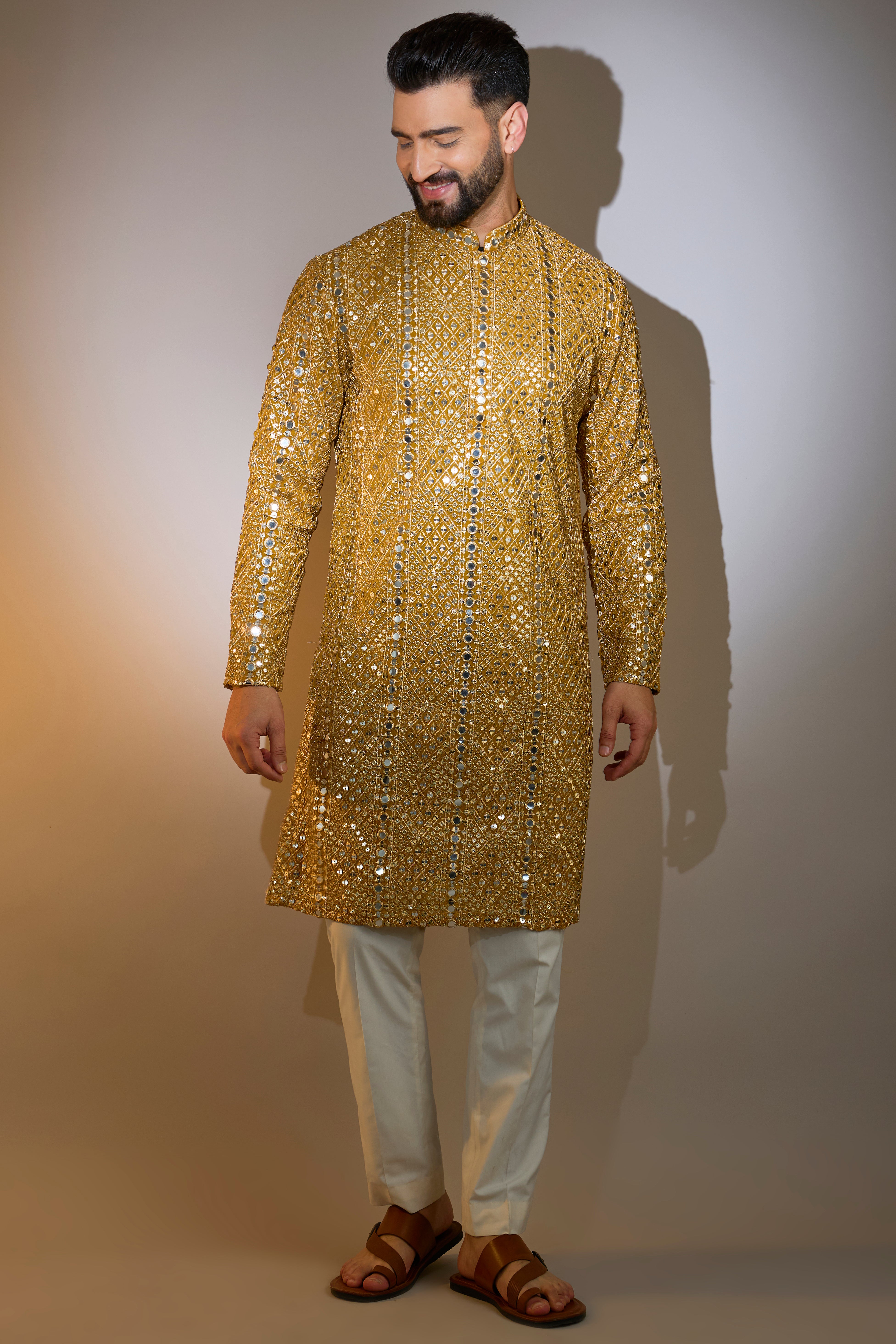 Mustard Mirror Work Kurta with Intricate Zari Embroidery - Elegant Ethnic Wear for Festivals, Weddings & Special Occasions