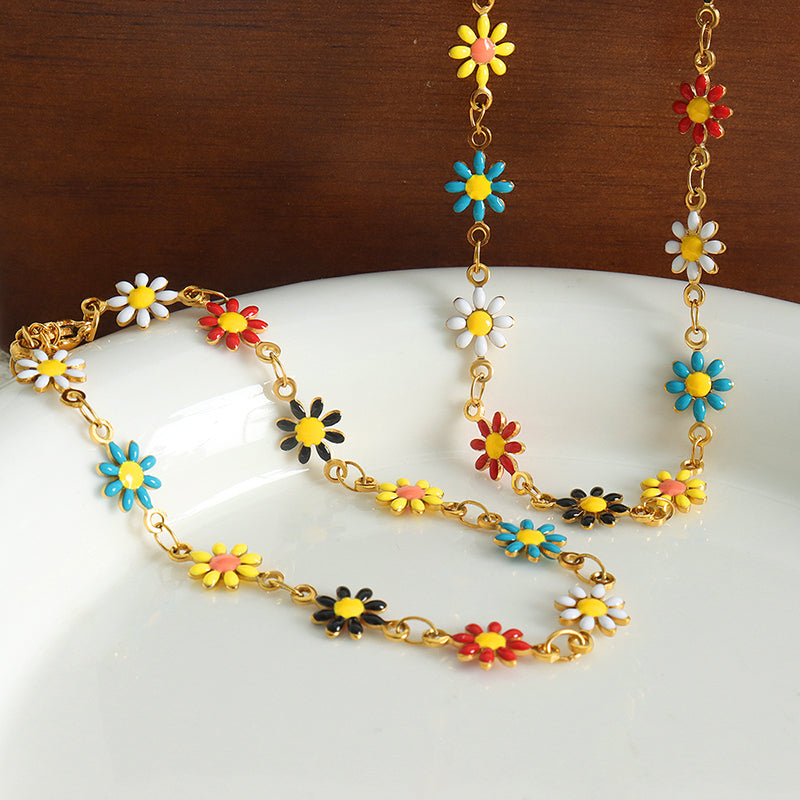 Bohemian Flower Stainless Steel Jewelry Set for Women - Colorful Necklace & Bracelet Combo | Boho Chic Accessories for Casual Wear, Festivals & Beach Outfits