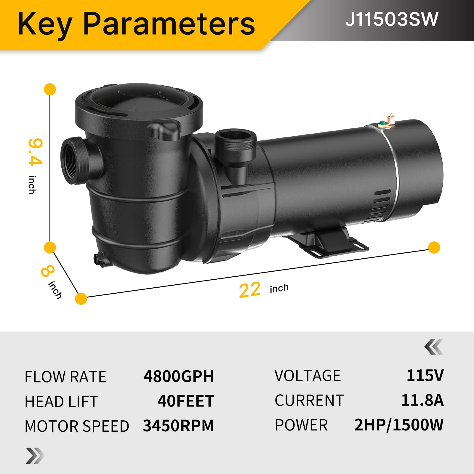 2 HP High-Efficiency Pool Pump | 4800GPH Flow Rate | Energy Star Certified | ON/OFF Switch | 1-1.25