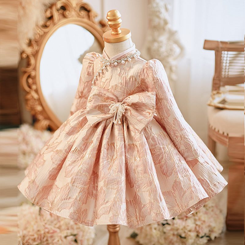 Elegant Baby Girl Pearl Plate Button Bow Pattern Princess Dress - Toddler Ball Gowns & Pageant Dresses for Special Occasions, Birthday Parties & Photo Shoots
