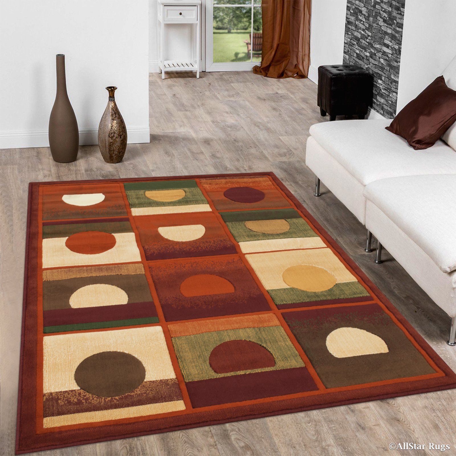 Allstar 5x7 Maroon Modern Geometric Area Rug - Machine Carved Rectangular Accent Rug with Multi-Color Square Block Design (5'2