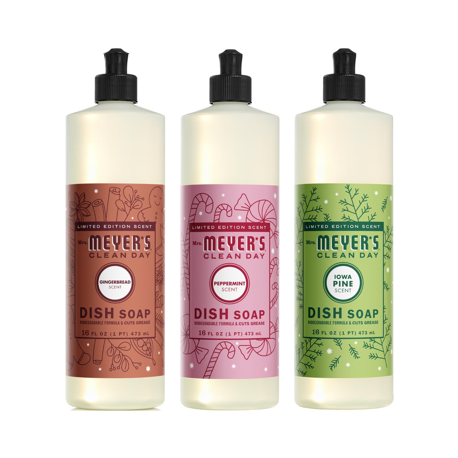 Mrs. Meyer's Clean Day Dish Soap 3-Pack Variety - 16 oz Each (Iowa Pine, Peppermint & Gingerbread Scents) | Plant-Based Dish Liquid for Handwashing | Perfect for Kitchen, Camping & RV Use